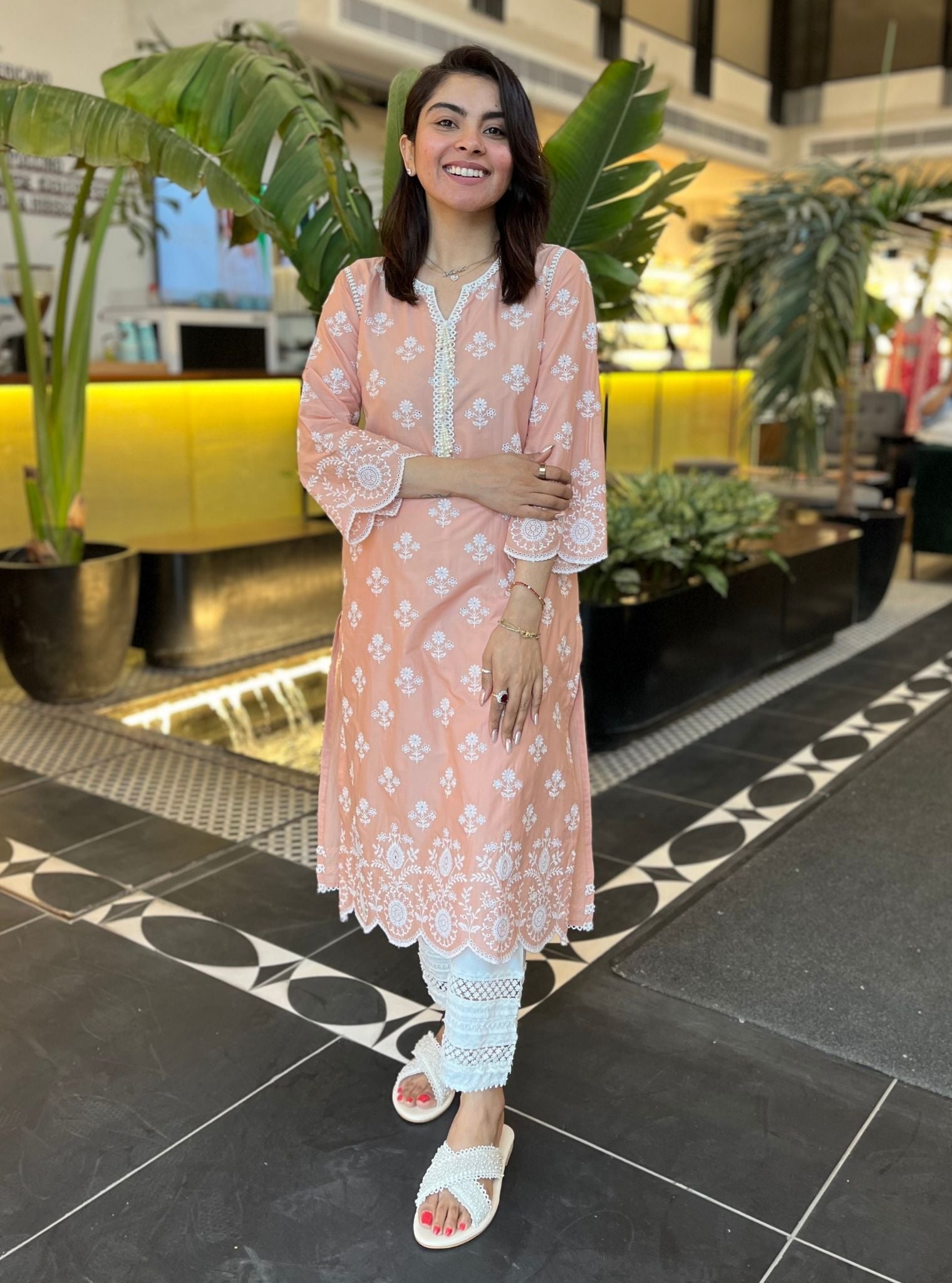 Arpora Supima Cotton Peach Kurta With Floral Ladder Slim Pant