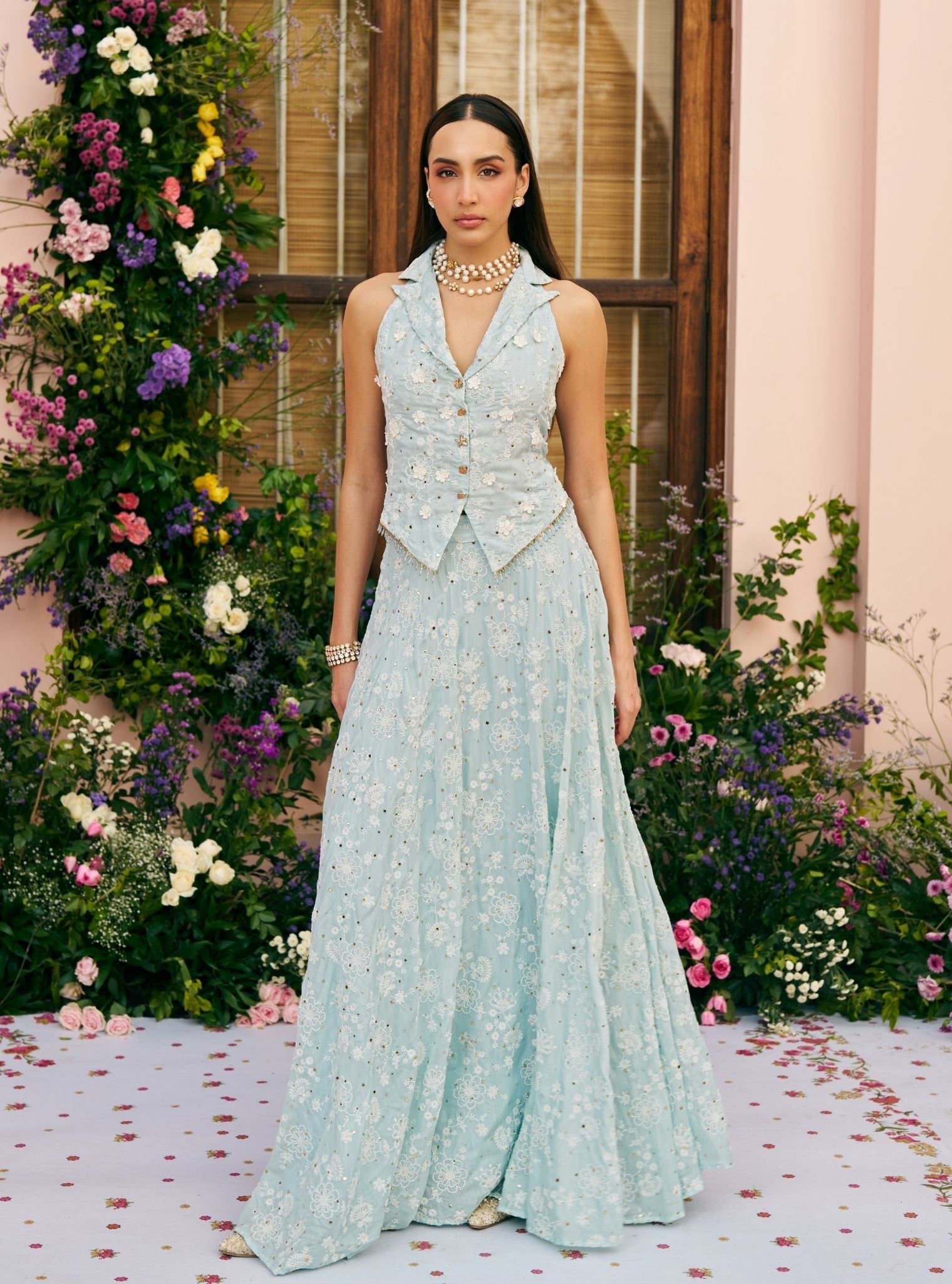 Chavi Mulmul Silk Light Blue Waistcoat with Skirt