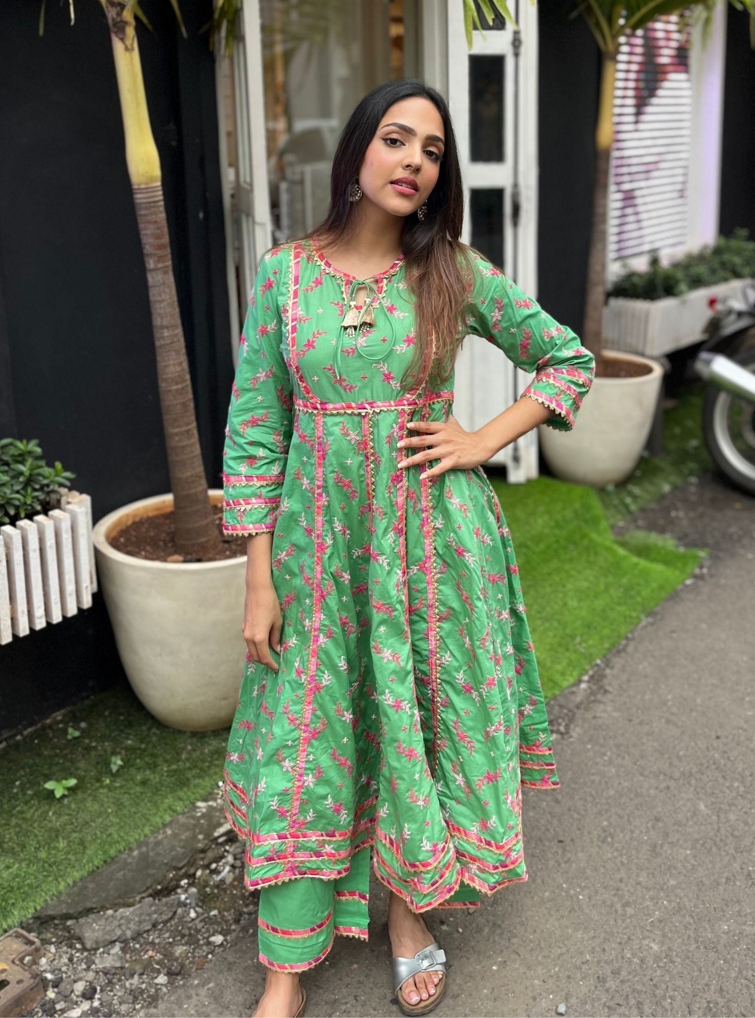Melenia Supima Cotton Green Anarkali Kurta Set