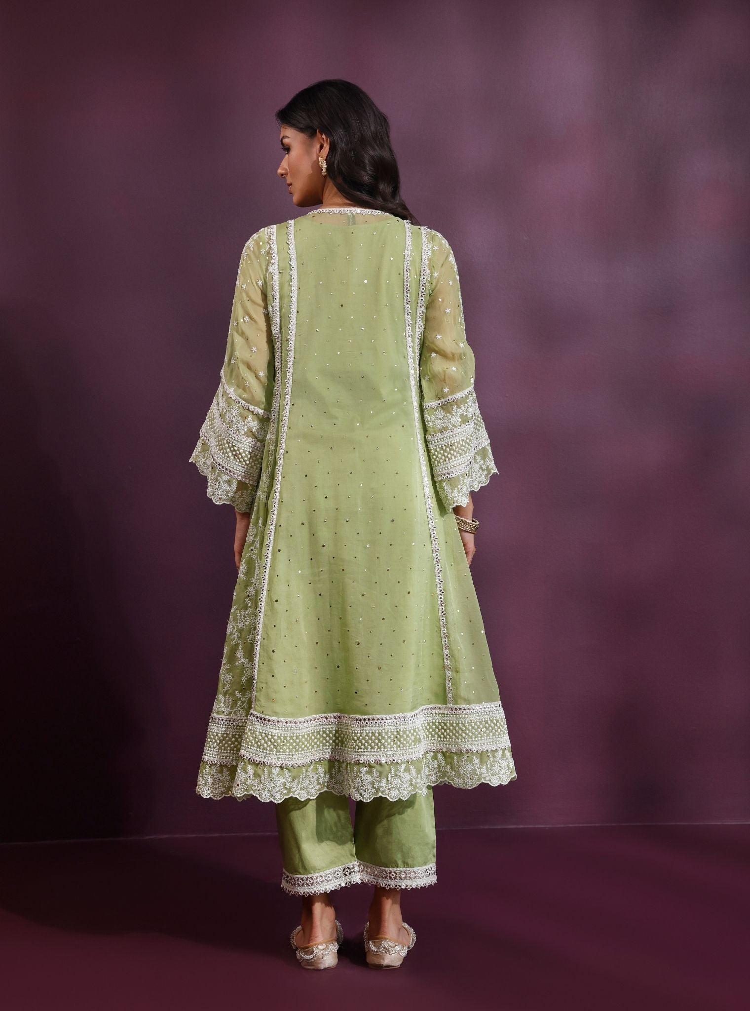 Rupa Organza Pista Green Anarkali Kurta with Pima Satin Pista Green Pant Set
