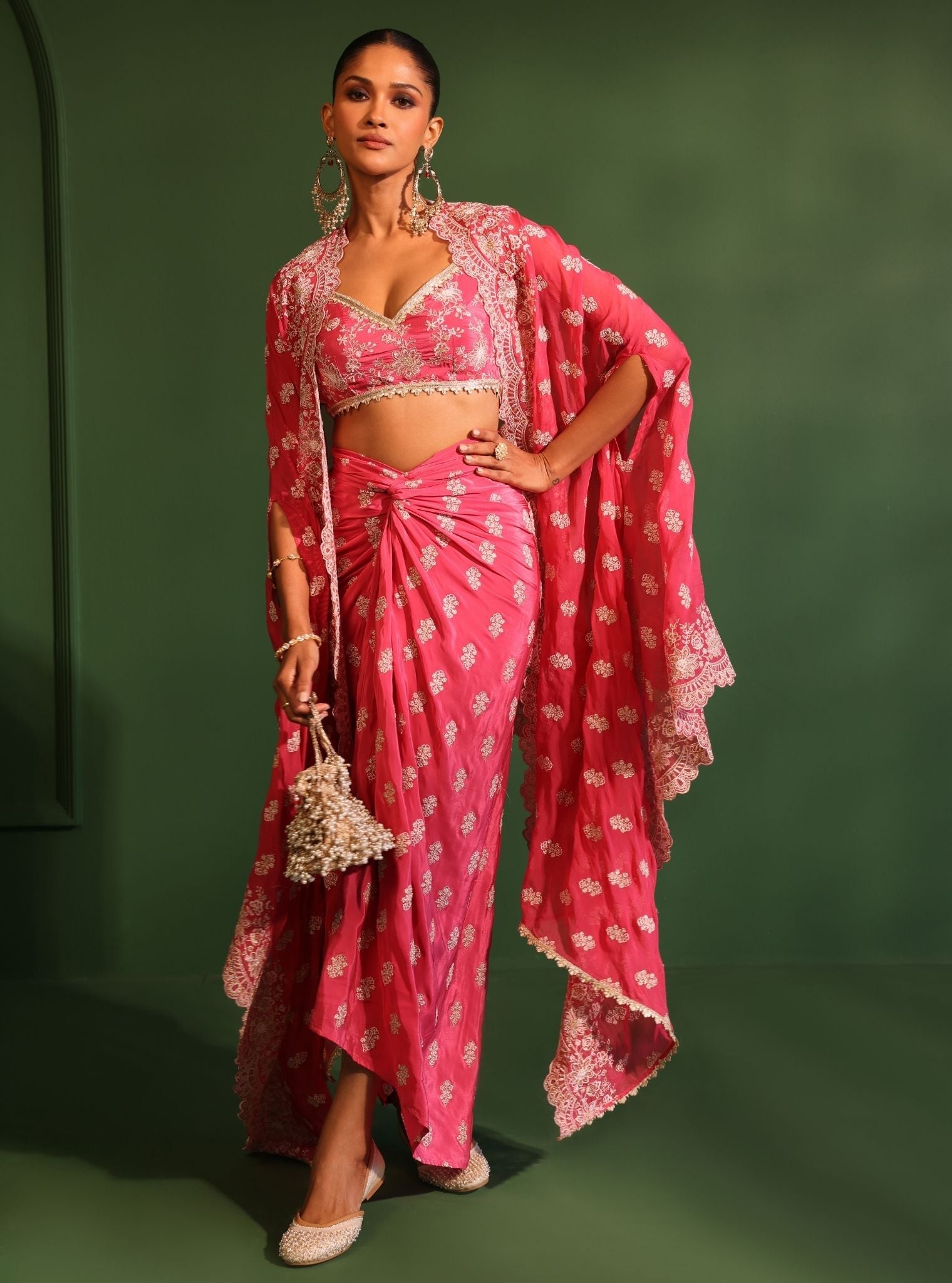 Maya Organza Fuschia Cape Shrug With Skirt