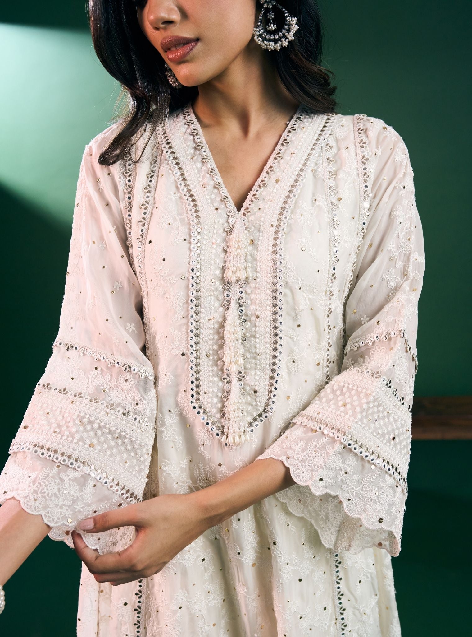 Rupa Organza Off White Anarkali Kurta with Pima Satin Off White Pant Set