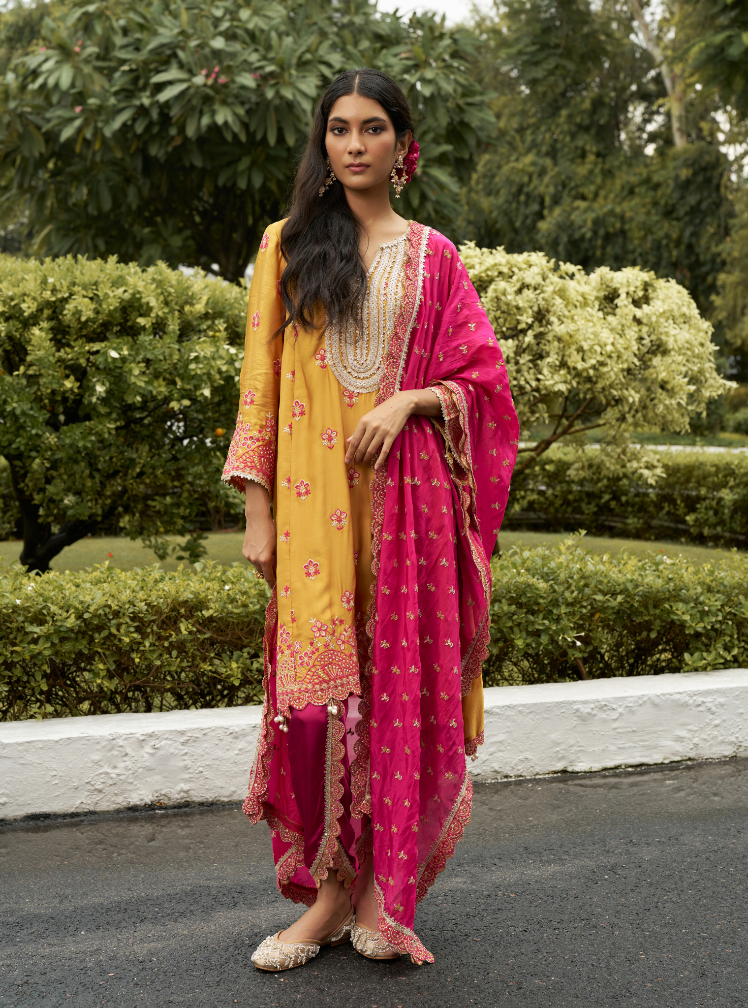 Angana Cupro Satin Mustard Kurta Set