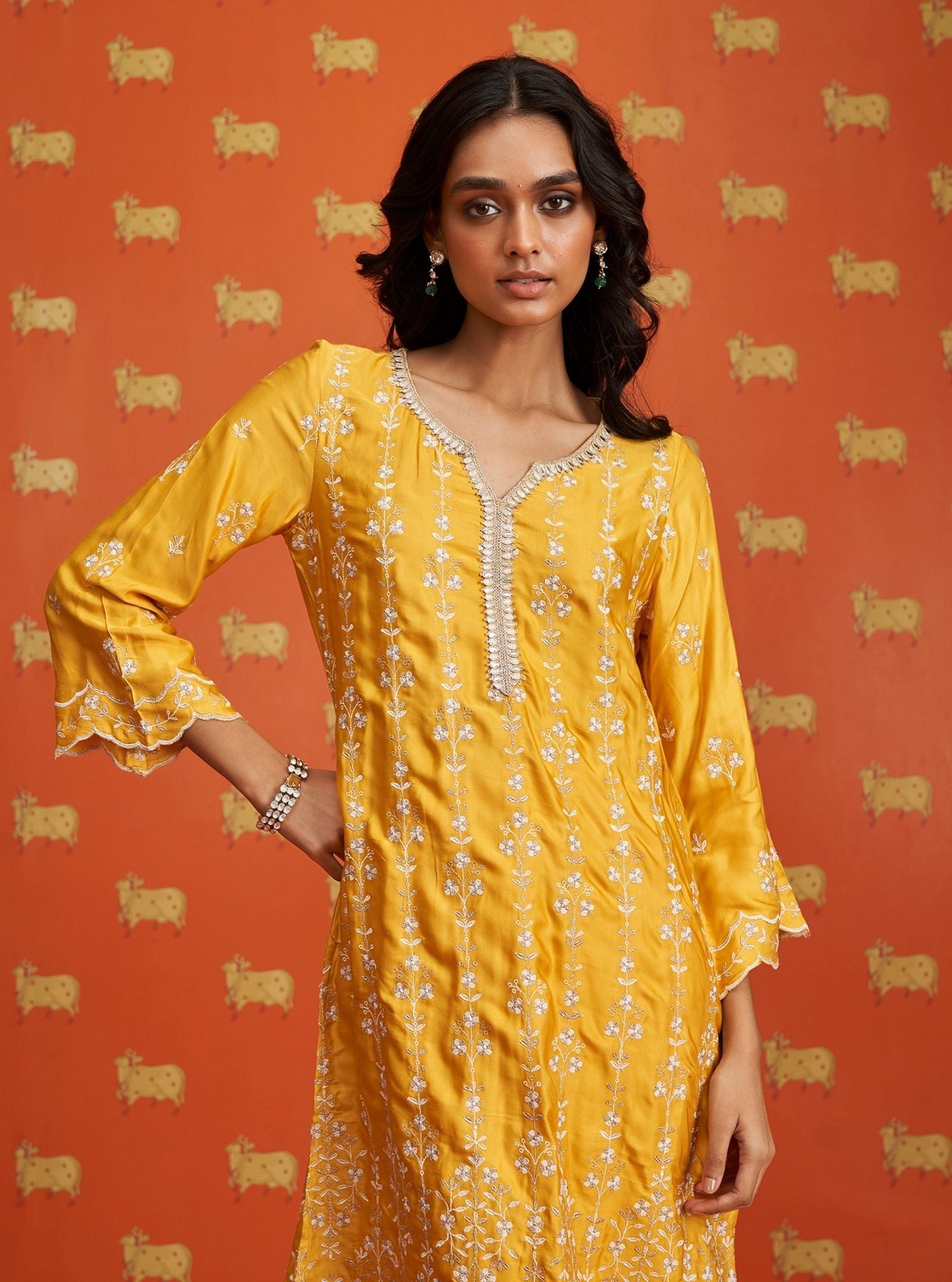 Tasanee Cupro Satin Yellow Kurta Set