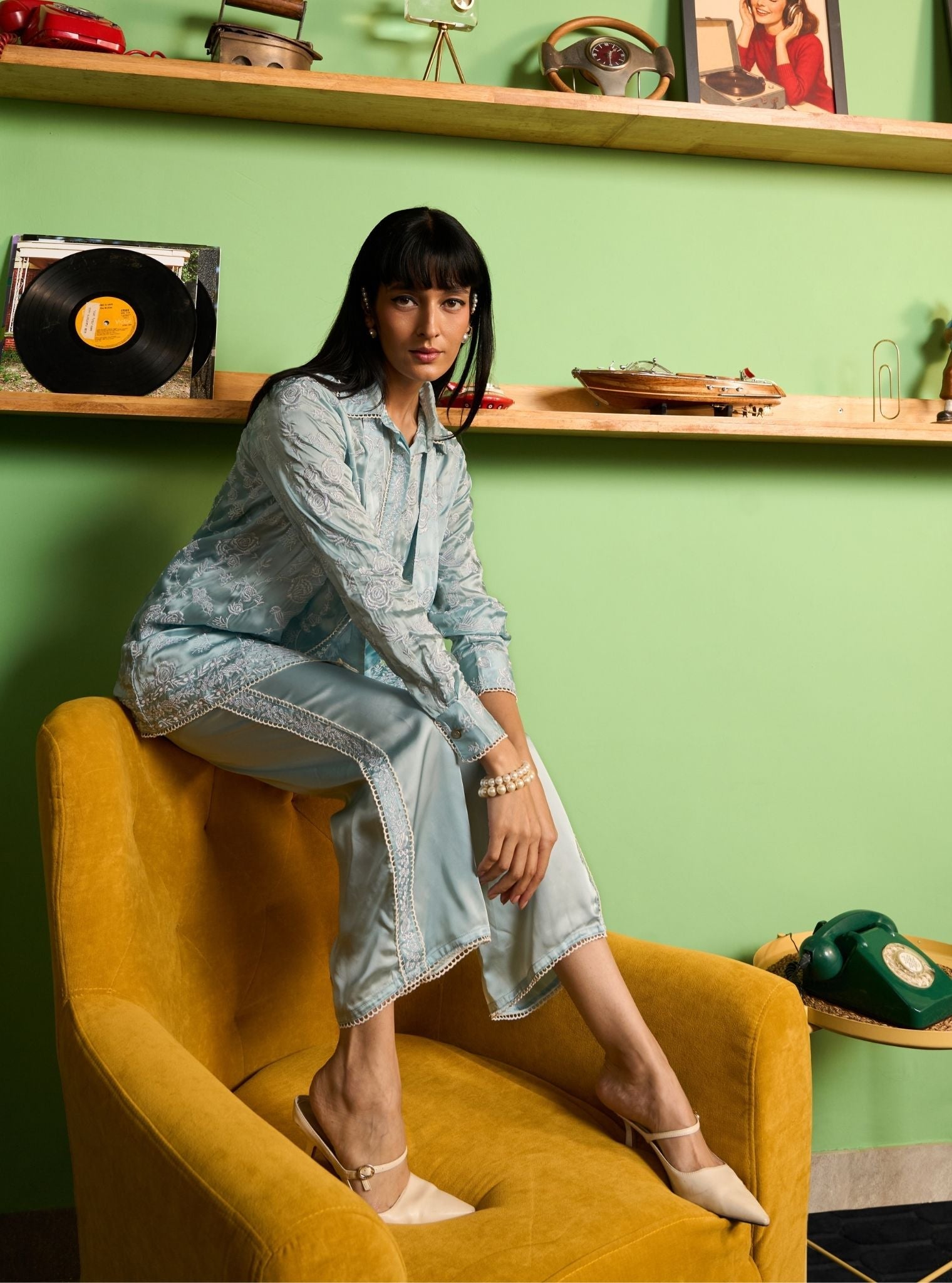 Zuvina Cupro Satin Blue Shirt Set