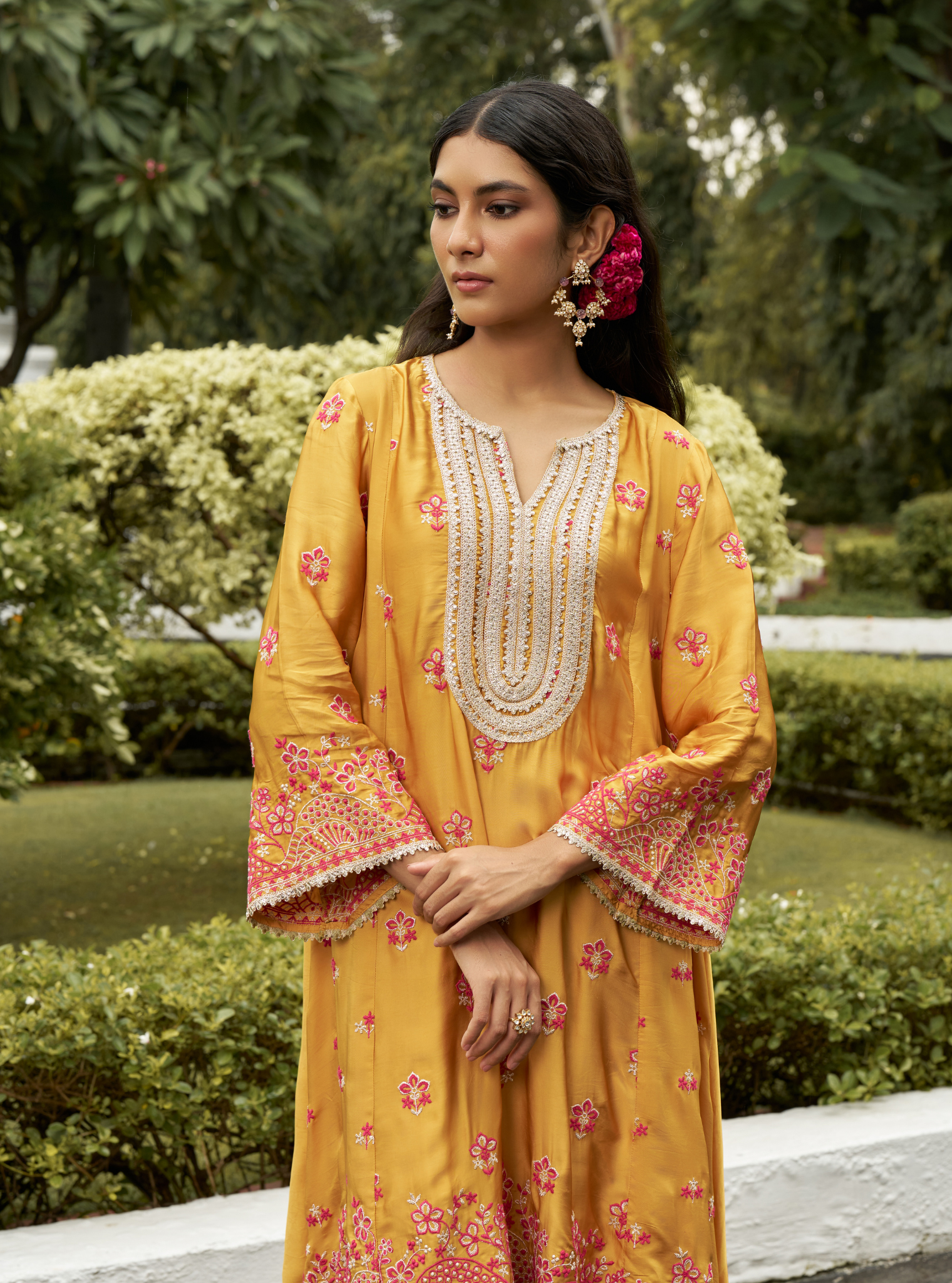 Angana Cupro Satin Mustard Kurta Set