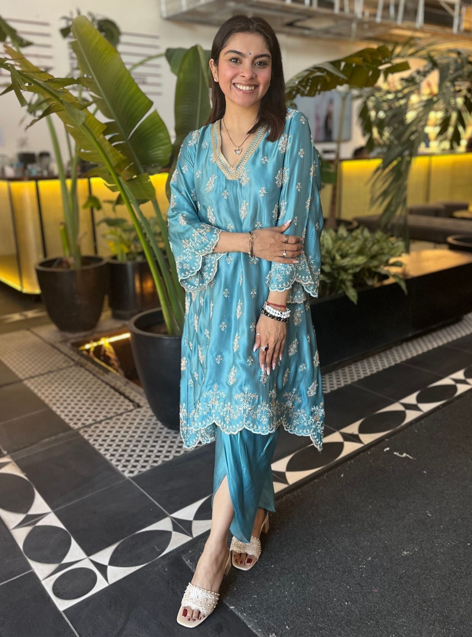 Callaia Cupro Satin Teal Blue Kurta Set