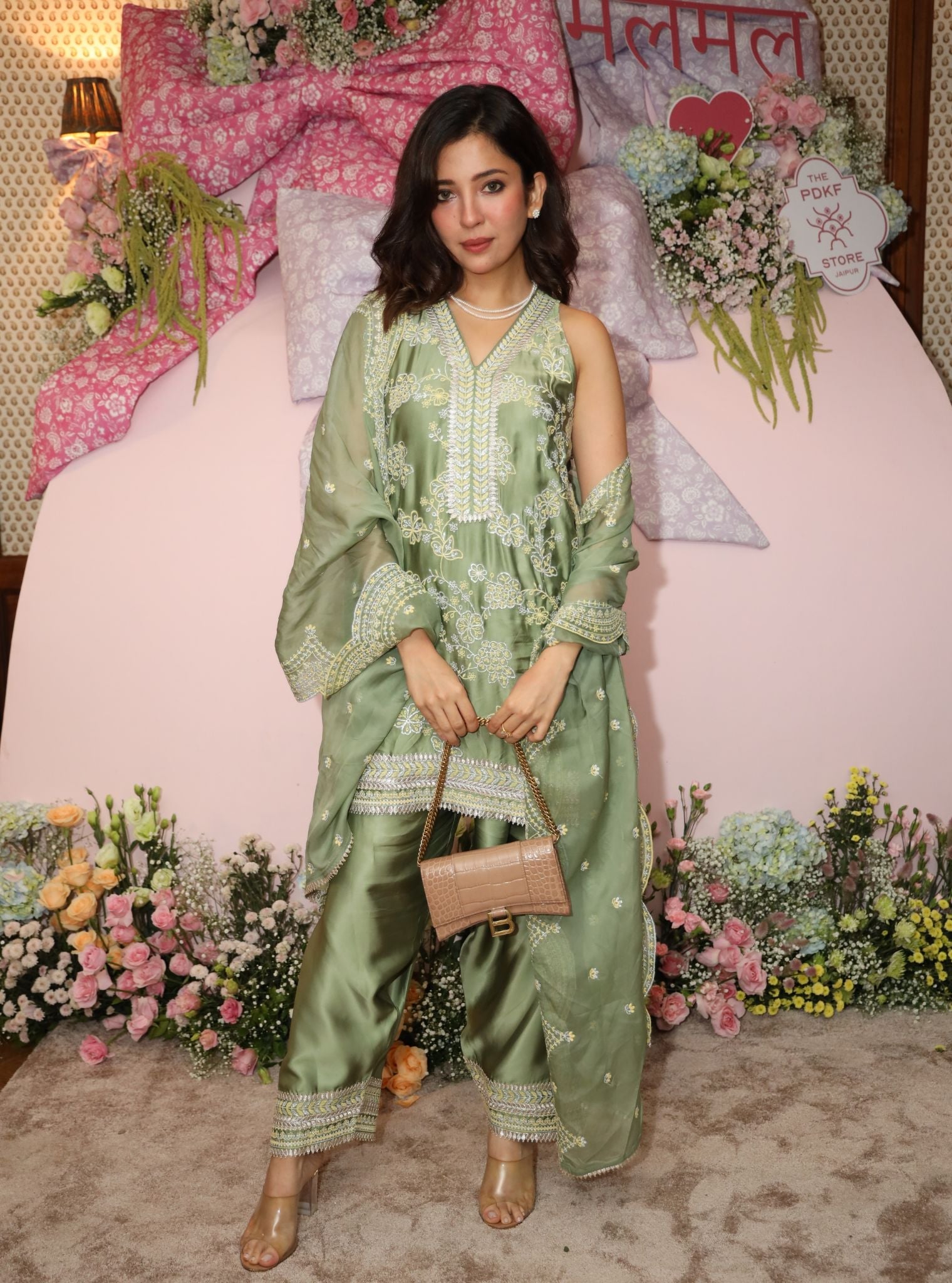 Jivara Bemberg Satin Green Kurta With Farshi Salwar