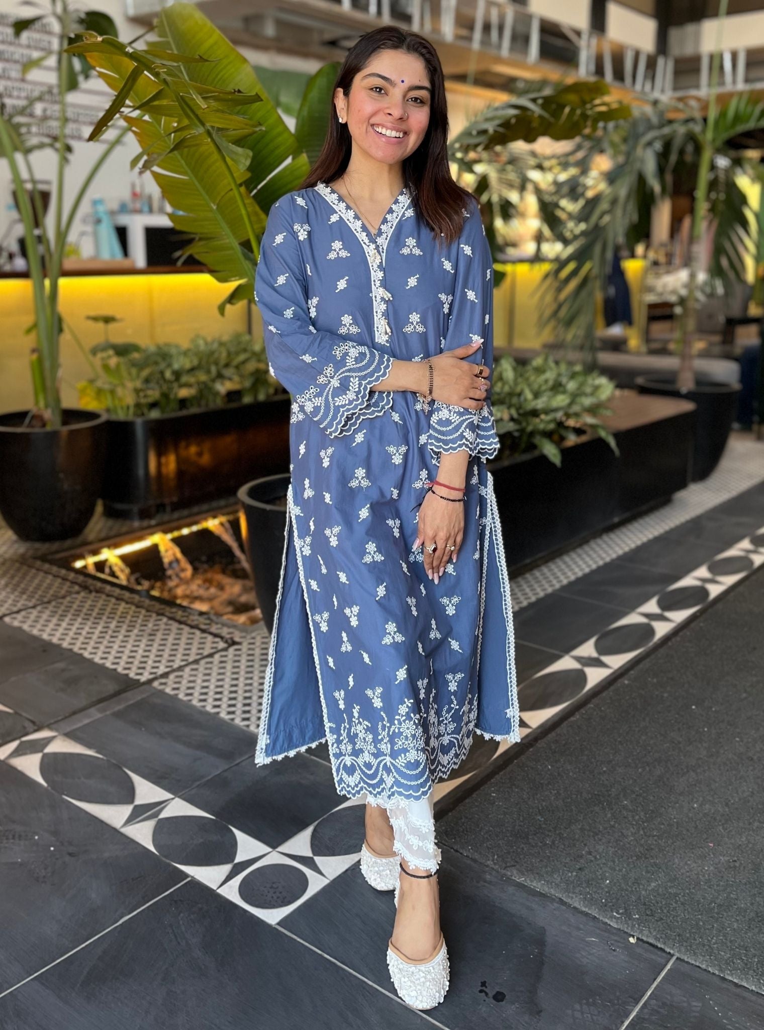 Mulmul Cotton Satari Navy Kurta With Mulmul Cotton Floral Chemical Lace White Pant