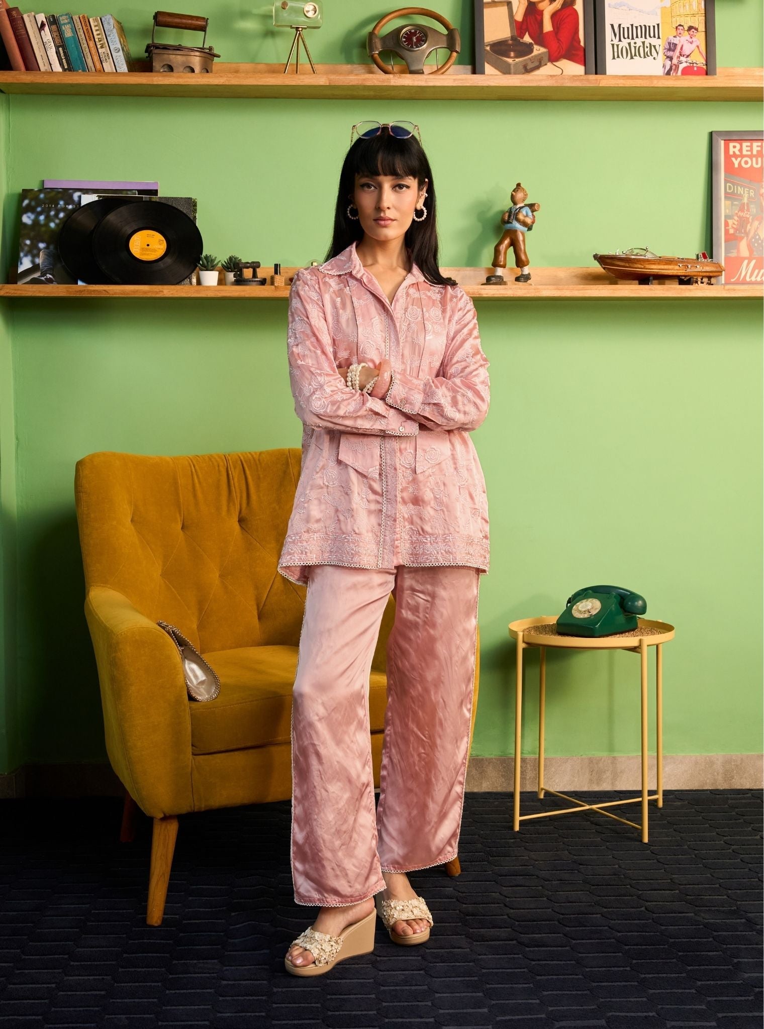 Zuvina Cupro Satin Onion Pink Shirt Set