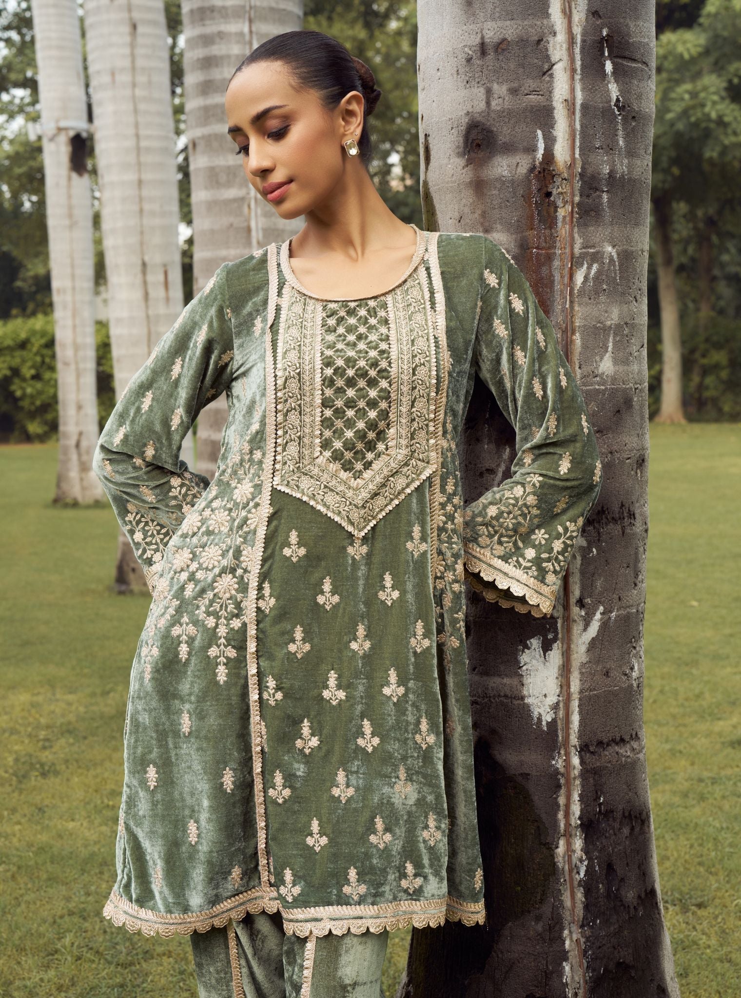 Shayari Velvet Olive Green Kurta with Dhoti Pant Set