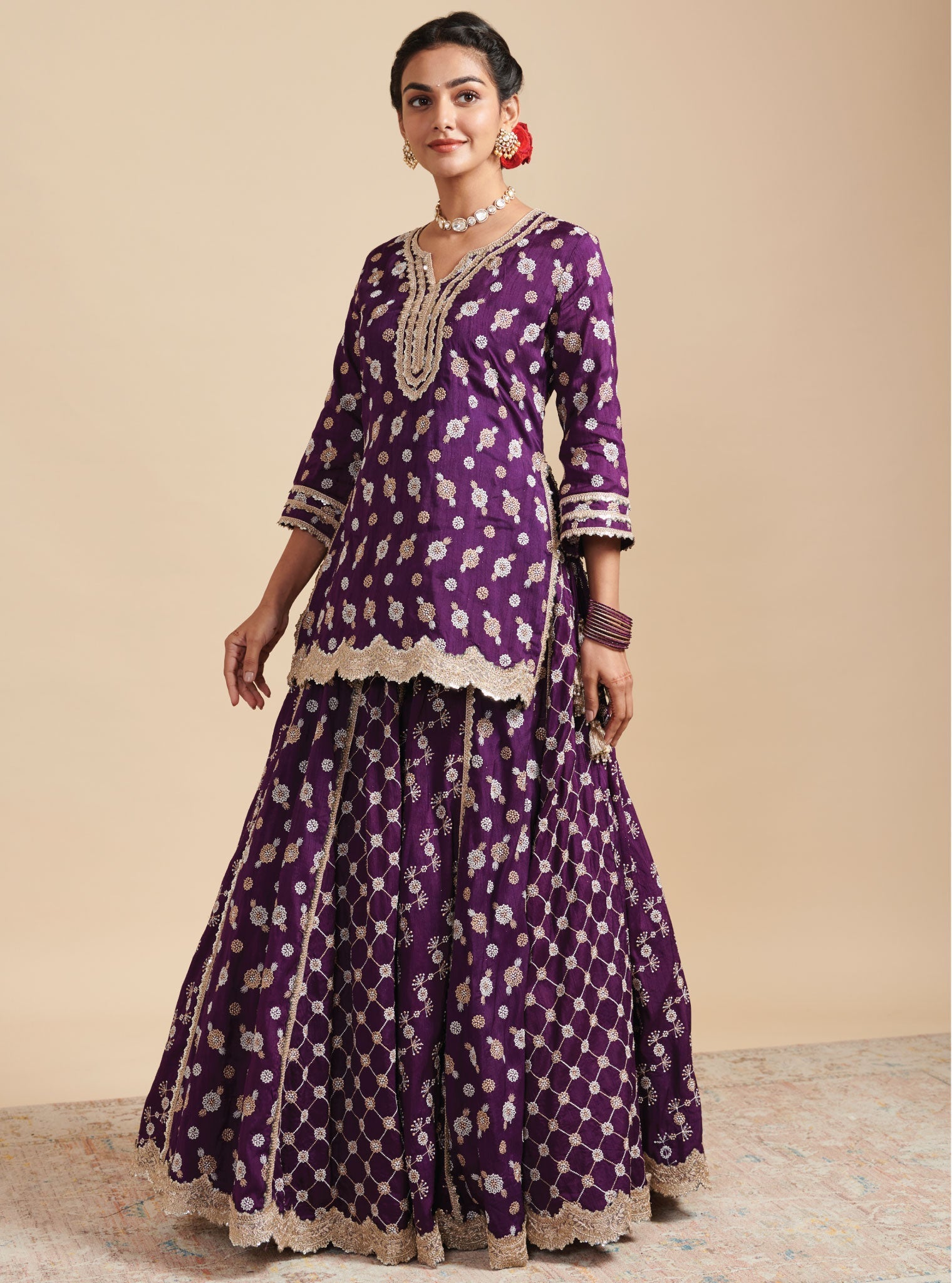 Surkh Silk Purple Kurta with Lehenga Set