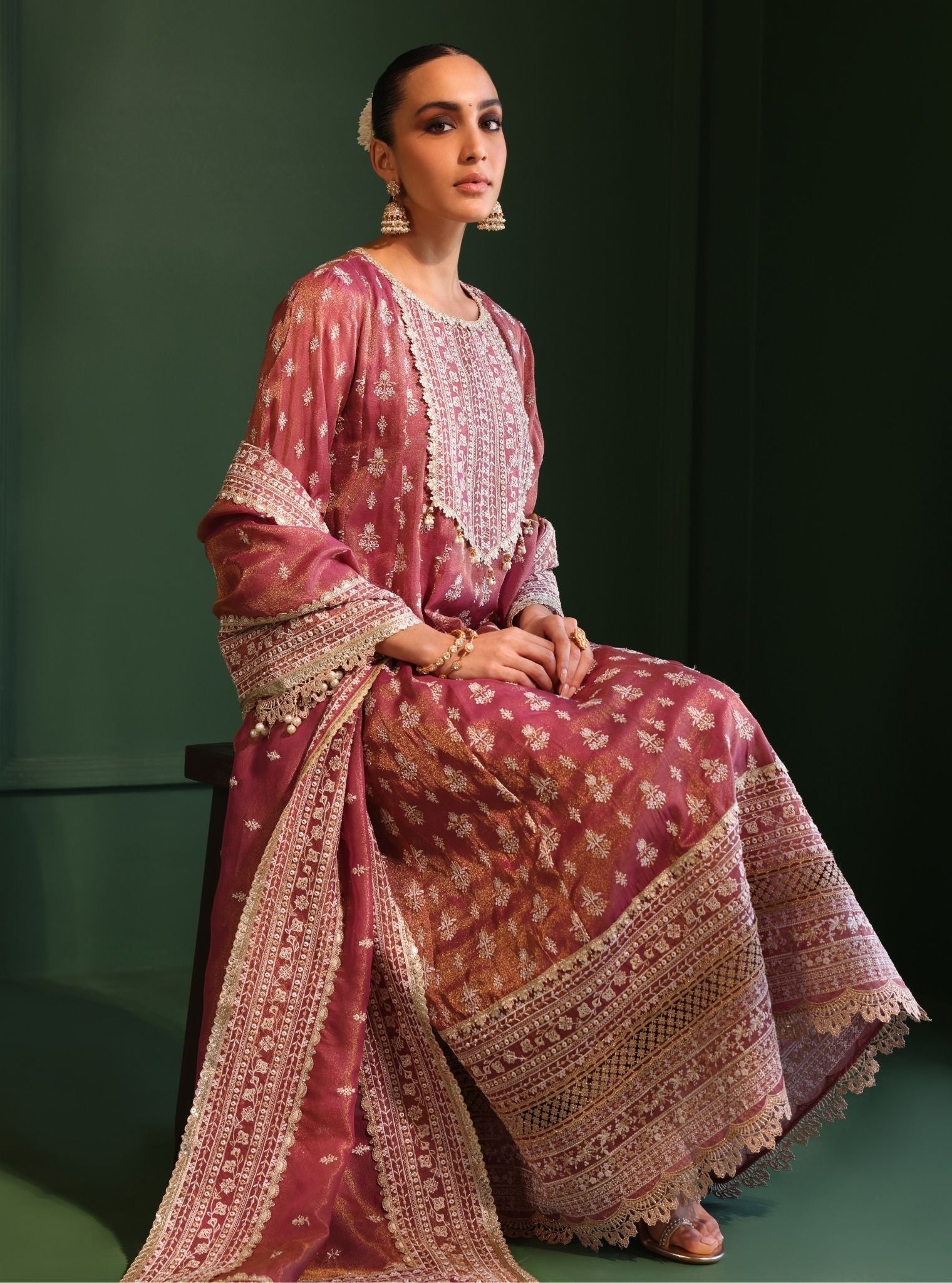 Mulmul Luxe Organza Jalwa Plum Anarkali Kurta With Mulmul Luxe Organza Jalwa Plum Pant
