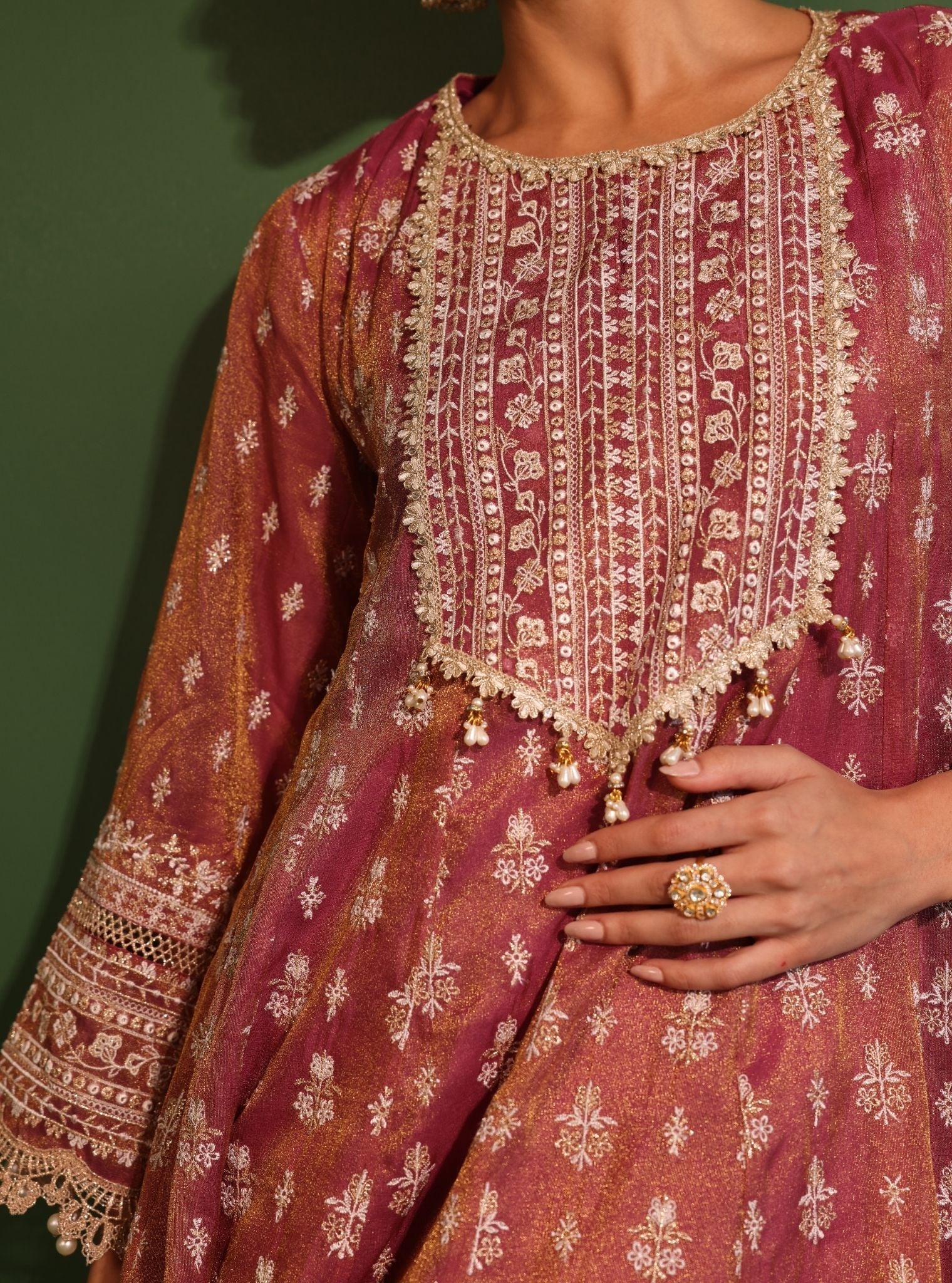 Mulmul Luxe Organza Jalwa Plum Anarkali Kurta With Mulmul Luxe Organza Jalwa Plum Pant