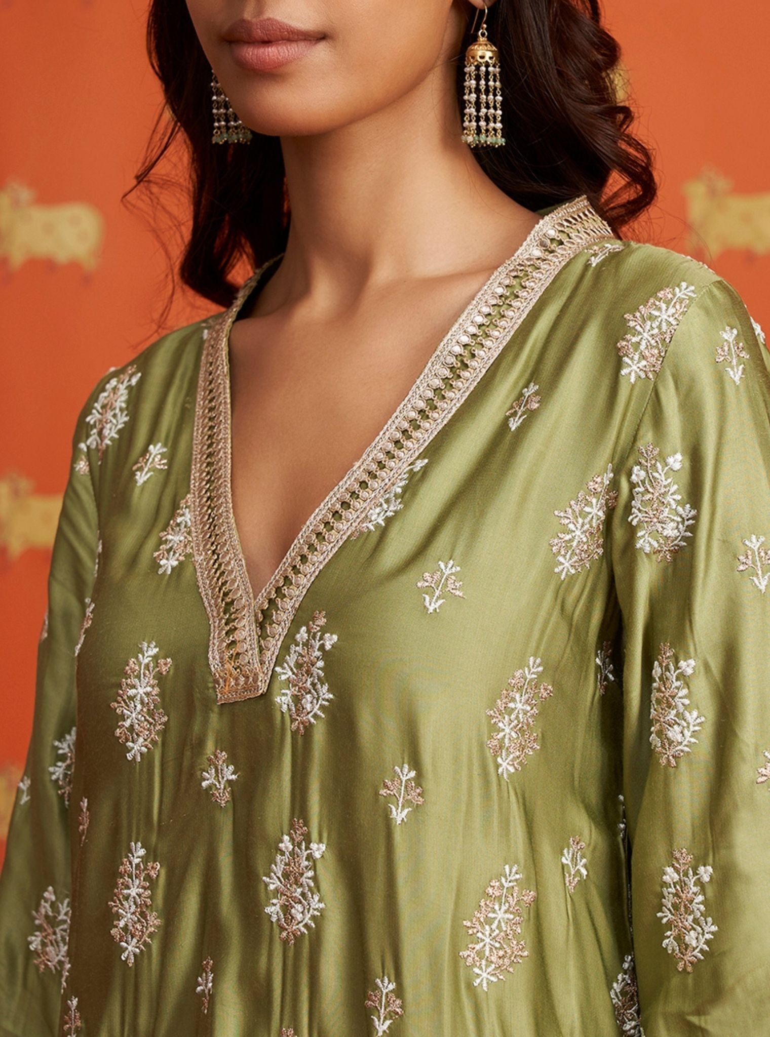 Callaia Cupro Satin Moss Green Kurta Set
