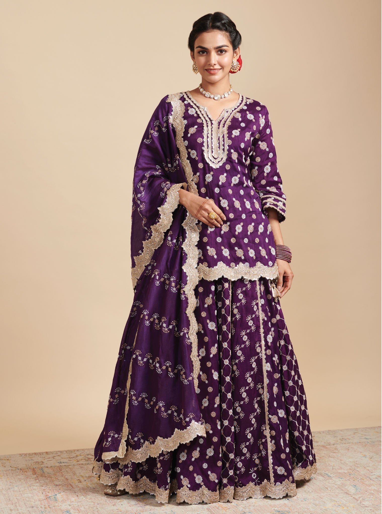 Surkh Silk Purple Kurta with Lehenga Set