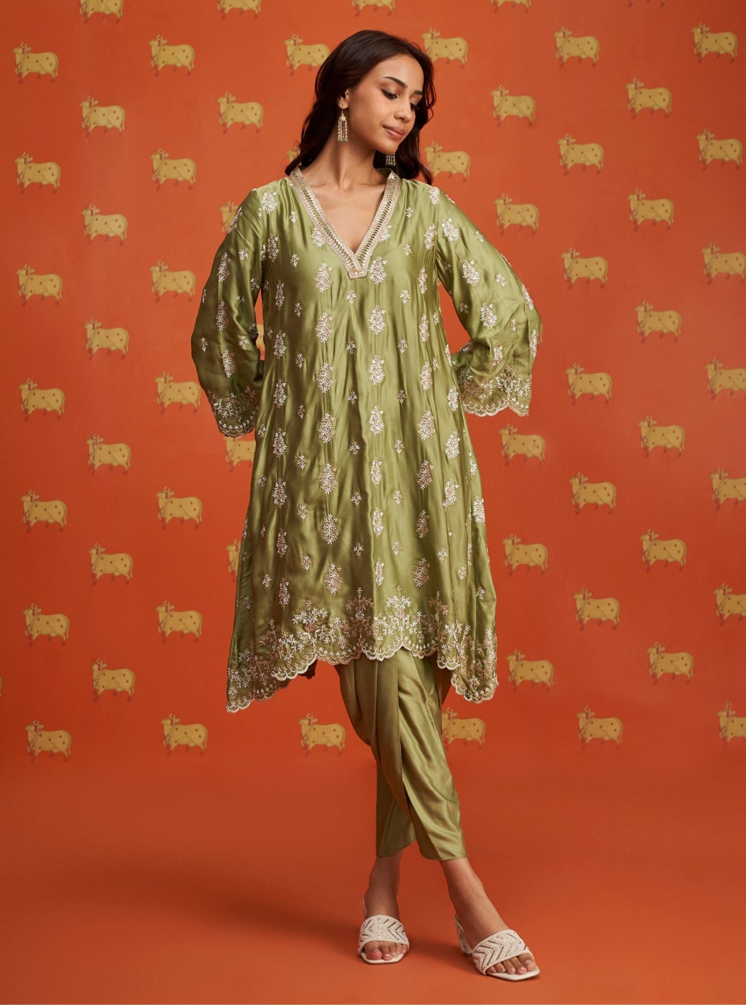 Callaia Cupro Satin Moss Green Kurta Set