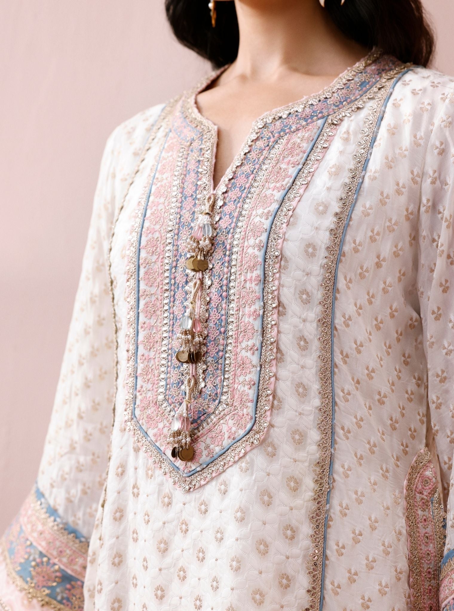 Orelia Banarsi Off-White Long Kurta Set