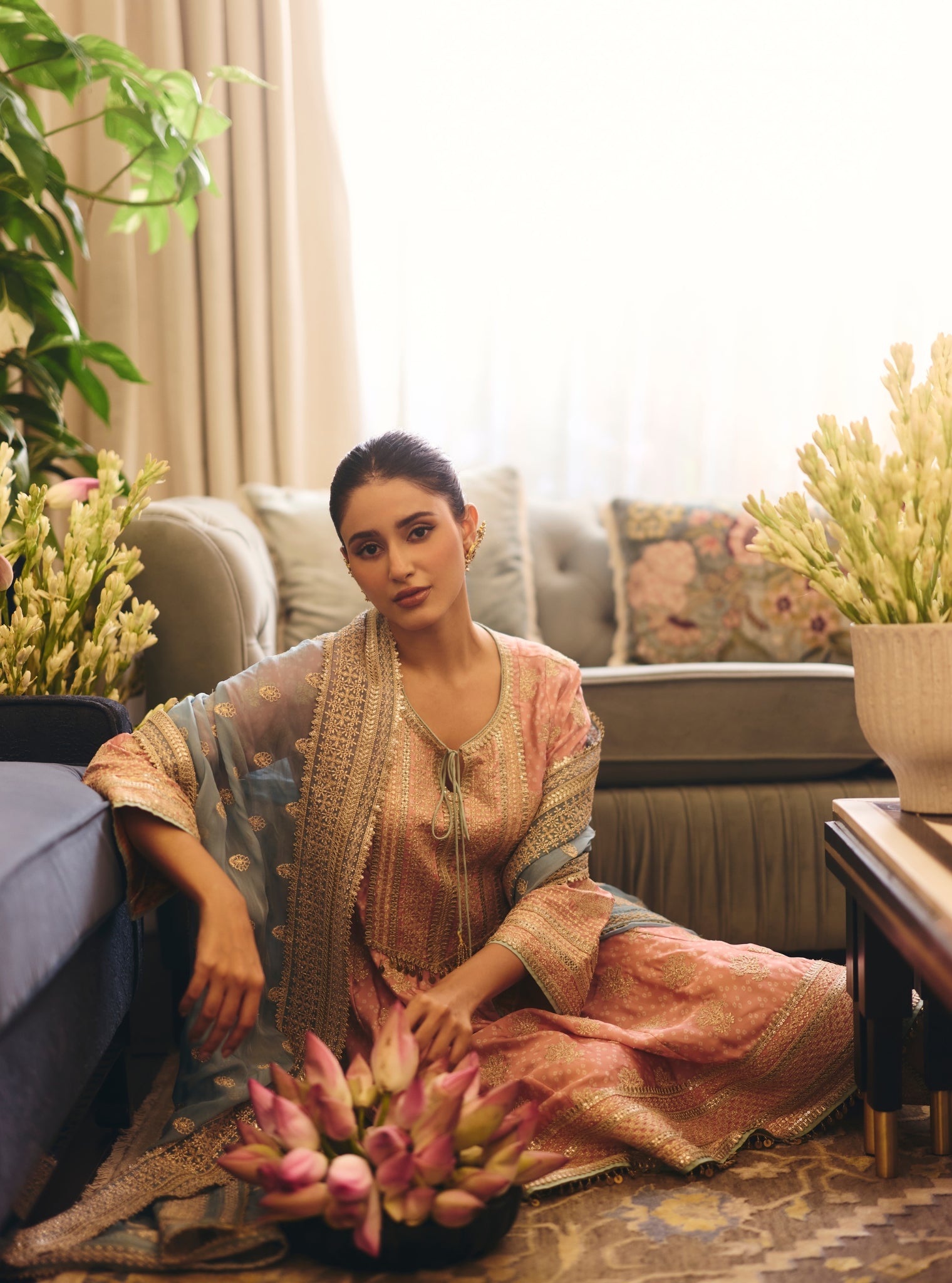 Arvini Cupro Satin Pink Anarkali Kurta Set