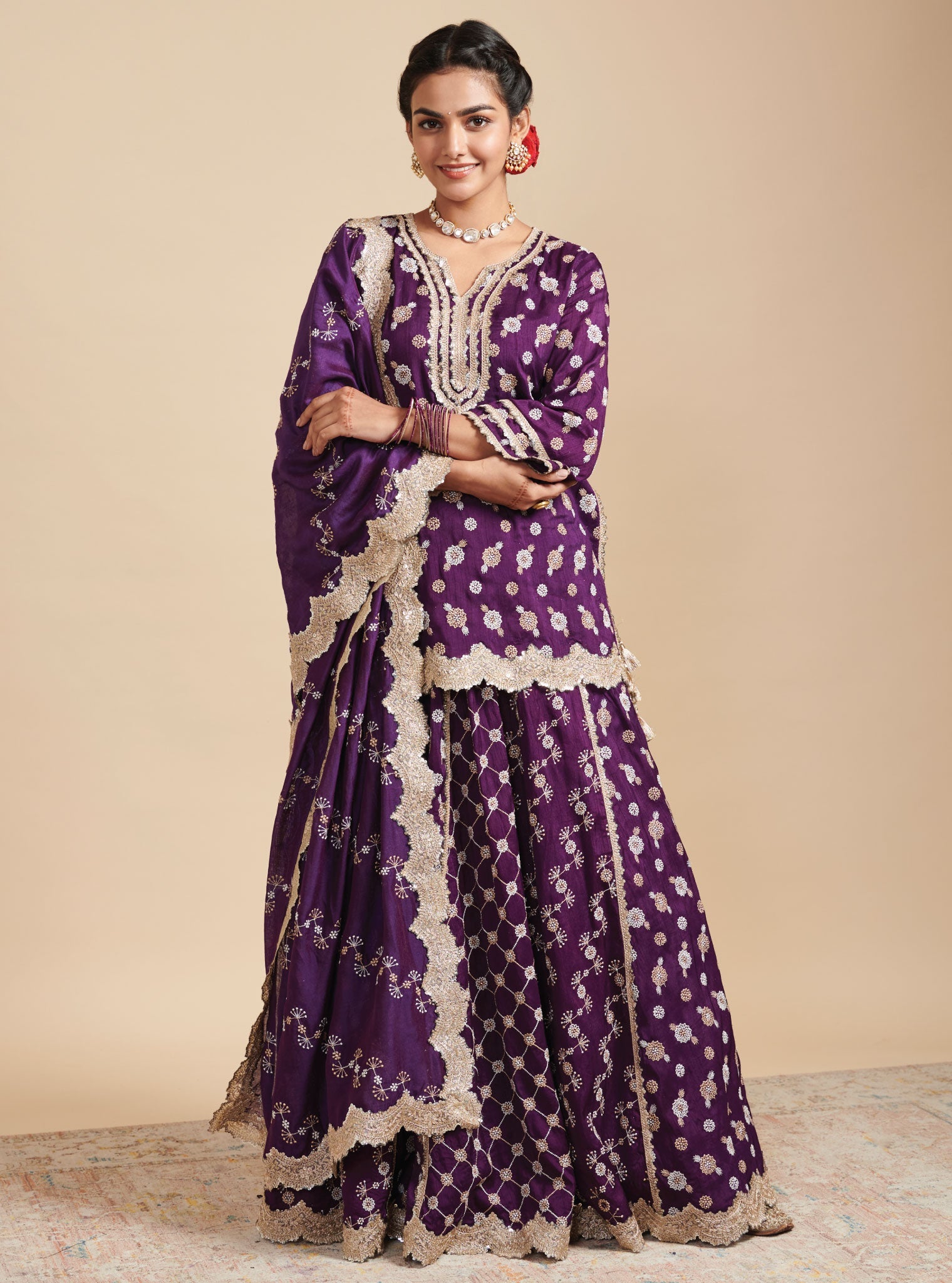 Surkh Silk Purple Kurta with Lehenga Set
