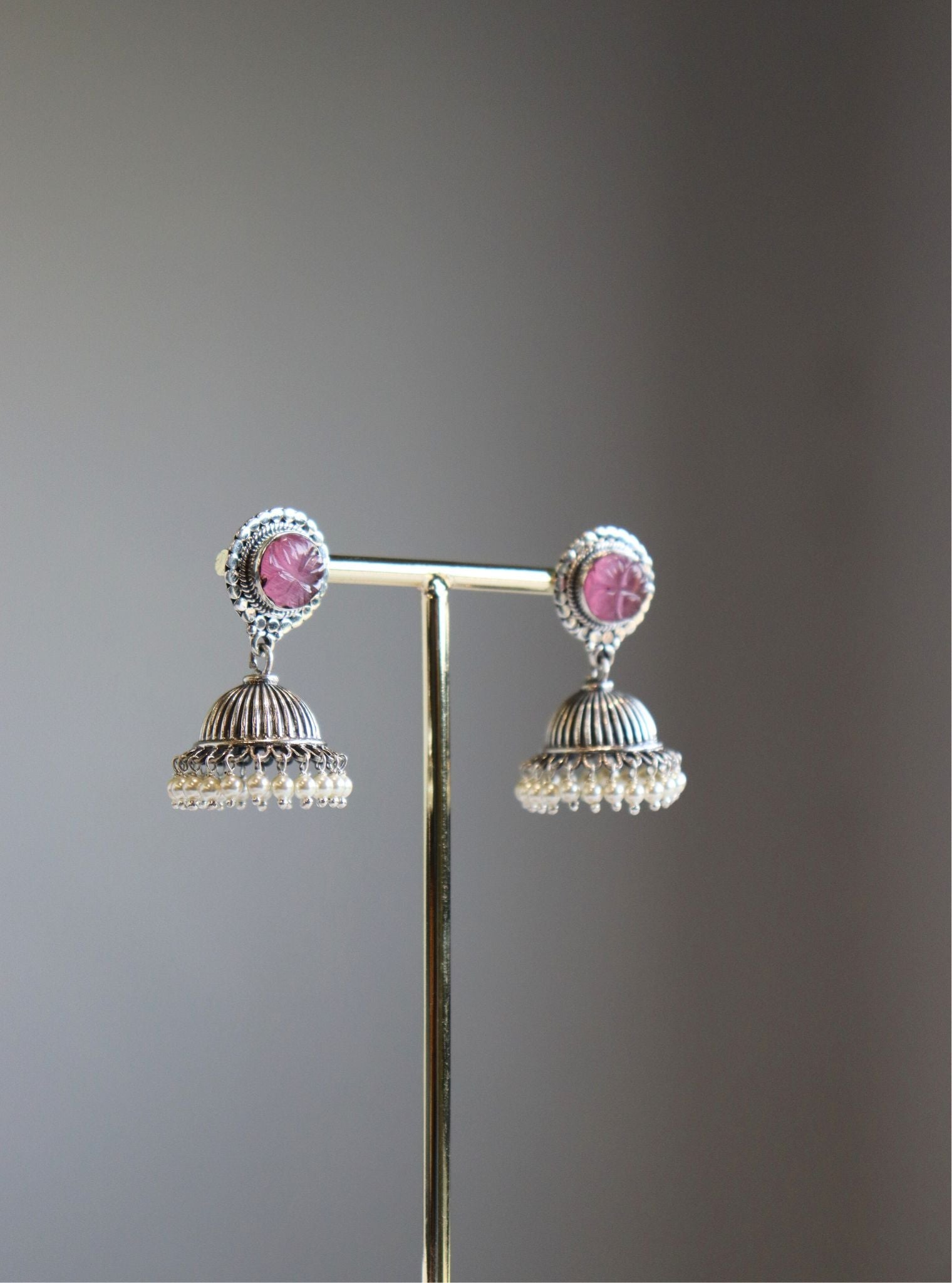 Pure Silver Saachi Jhumki Pink