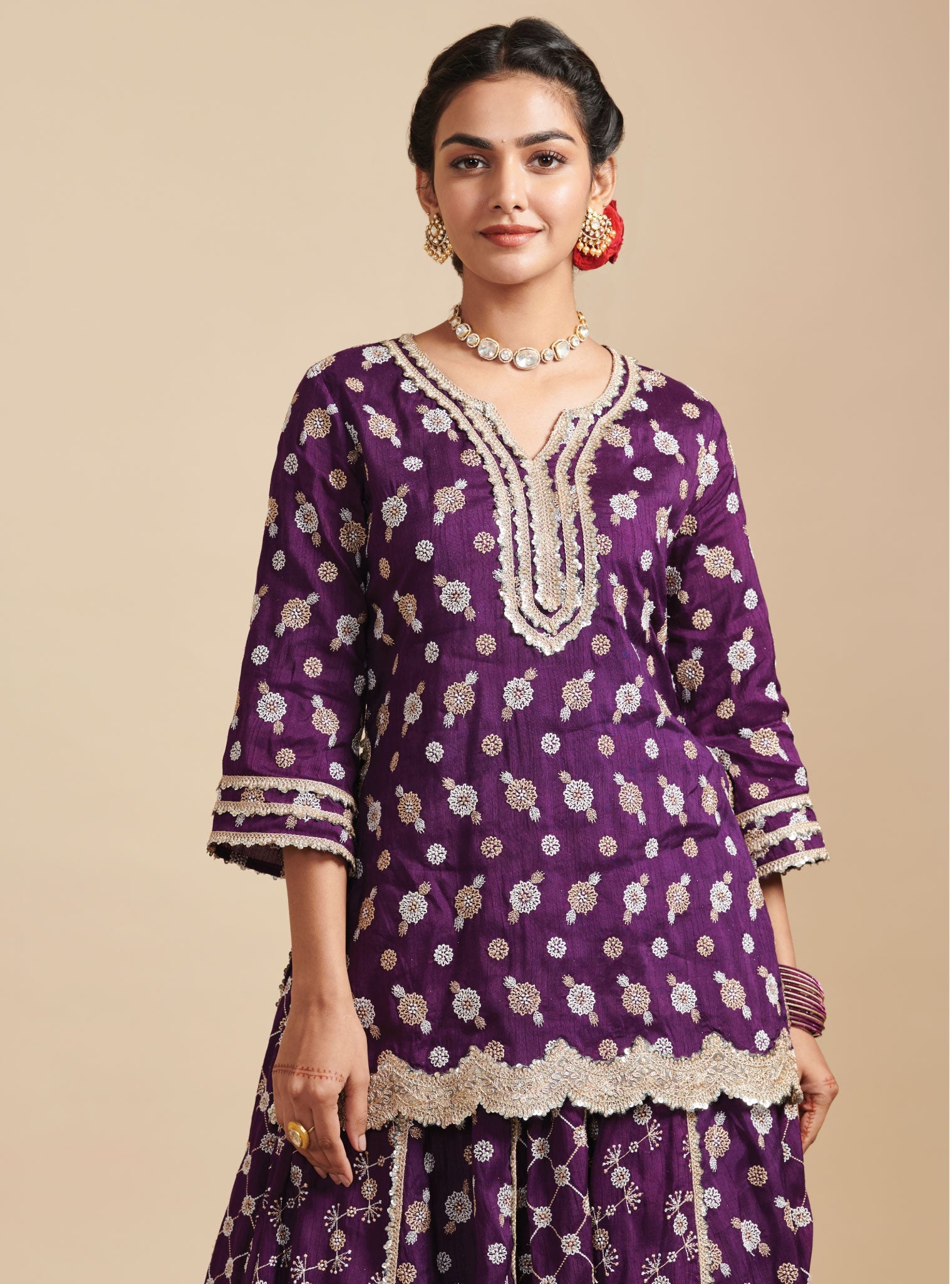 Surkh Silk Purple Kurta with Lehenga Set