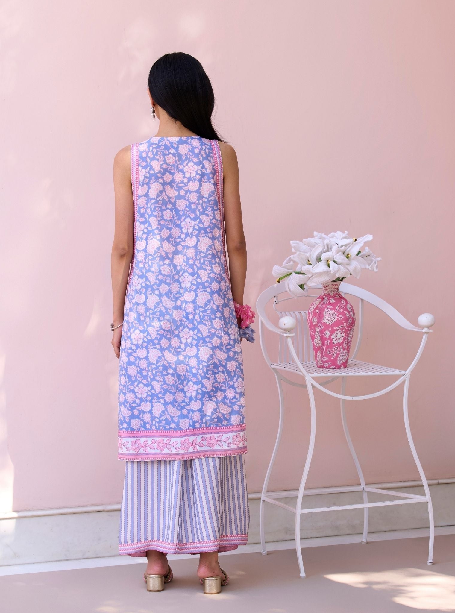 Maharose Steel Blue Printed Lawn Jacket Set