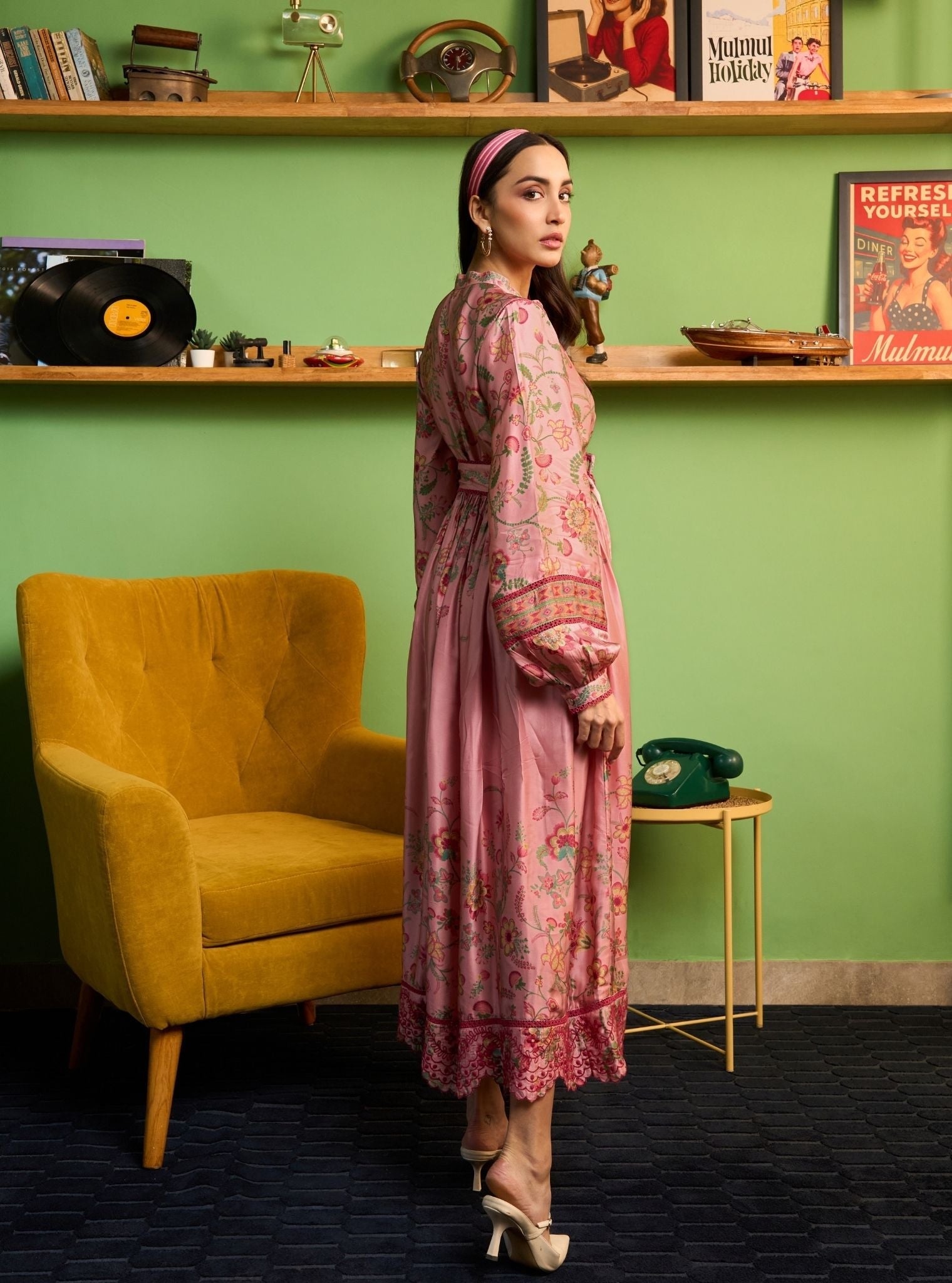 Khas Cupro Satin Pink Printed Dress