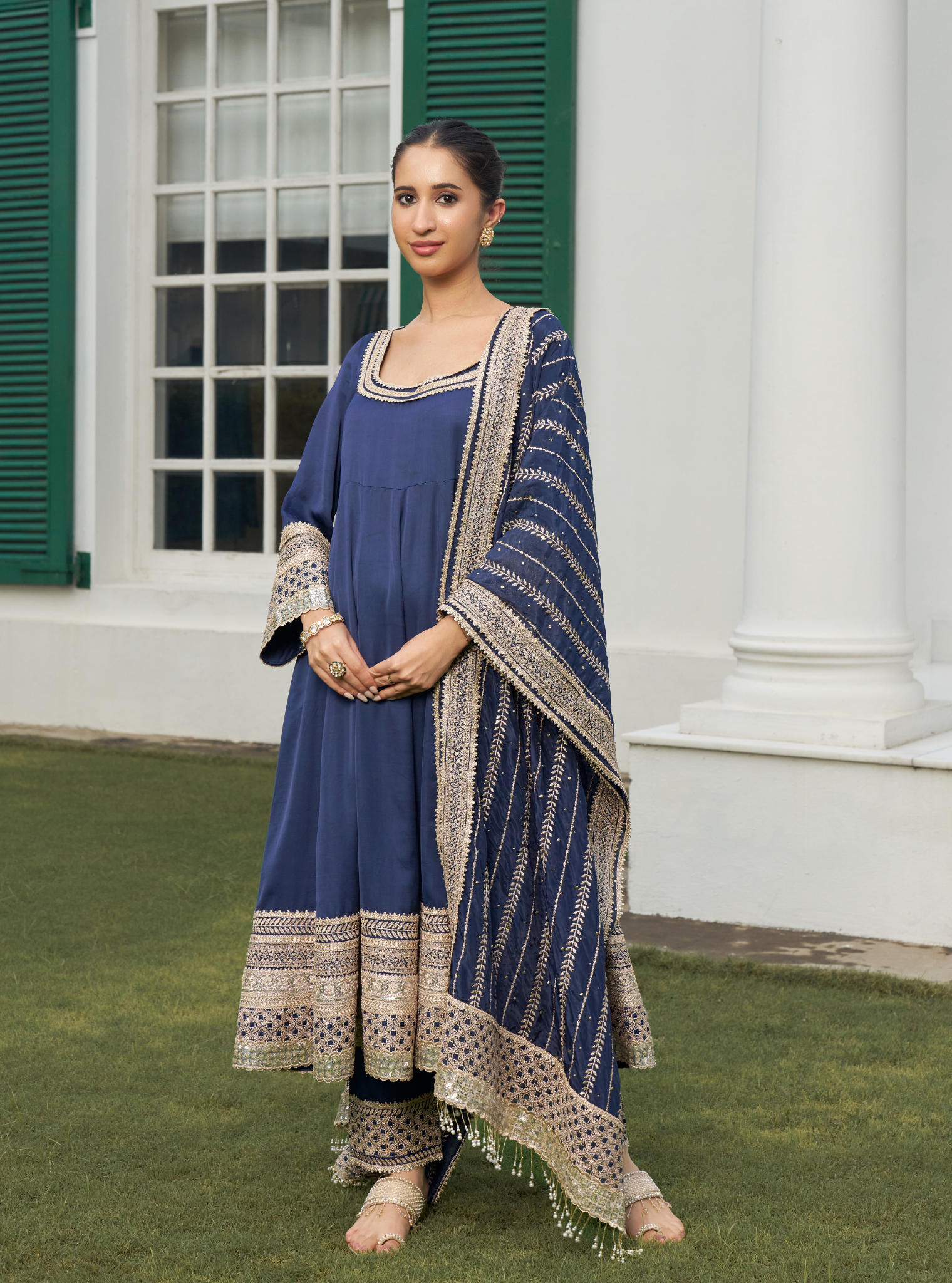 Mausami Navy Linen Satin Anarkali Kurta Set