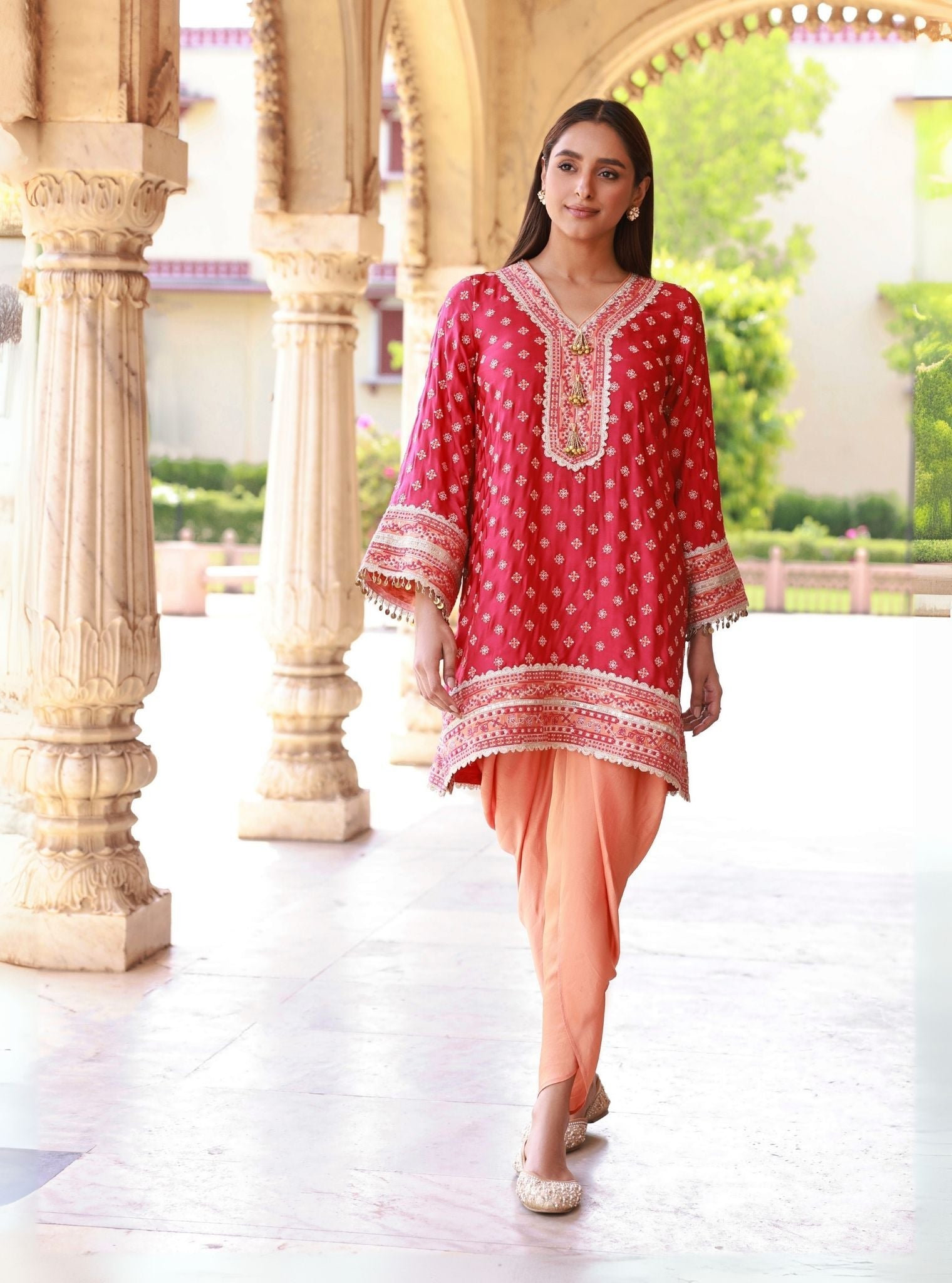 Survani Bemberg Satin Fuschia Kurta With Orange Salwar