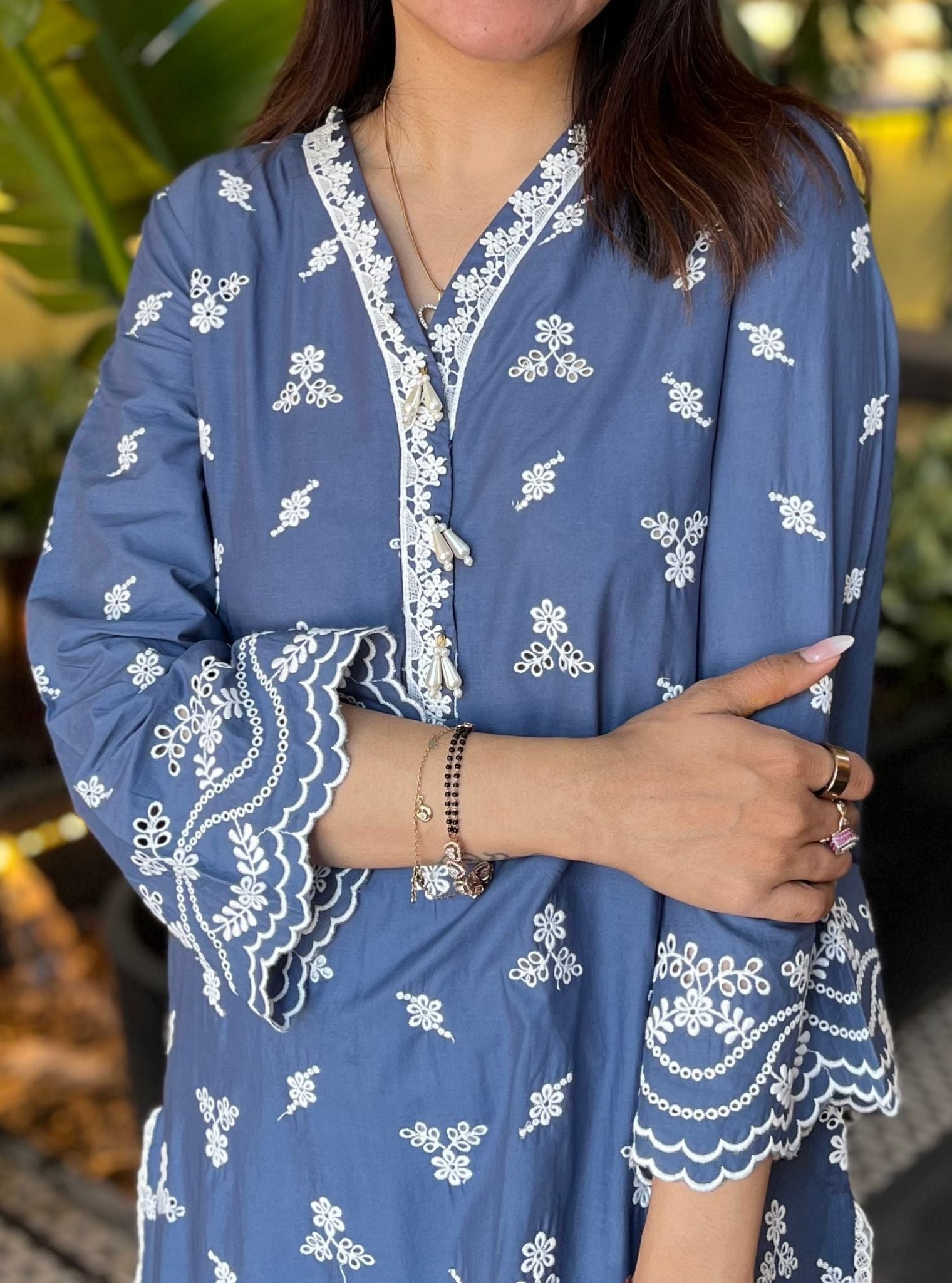 Mulmul Cotton Satari Navy Kurta With Mulmul Cotton Floral Chemical Lace White Pant