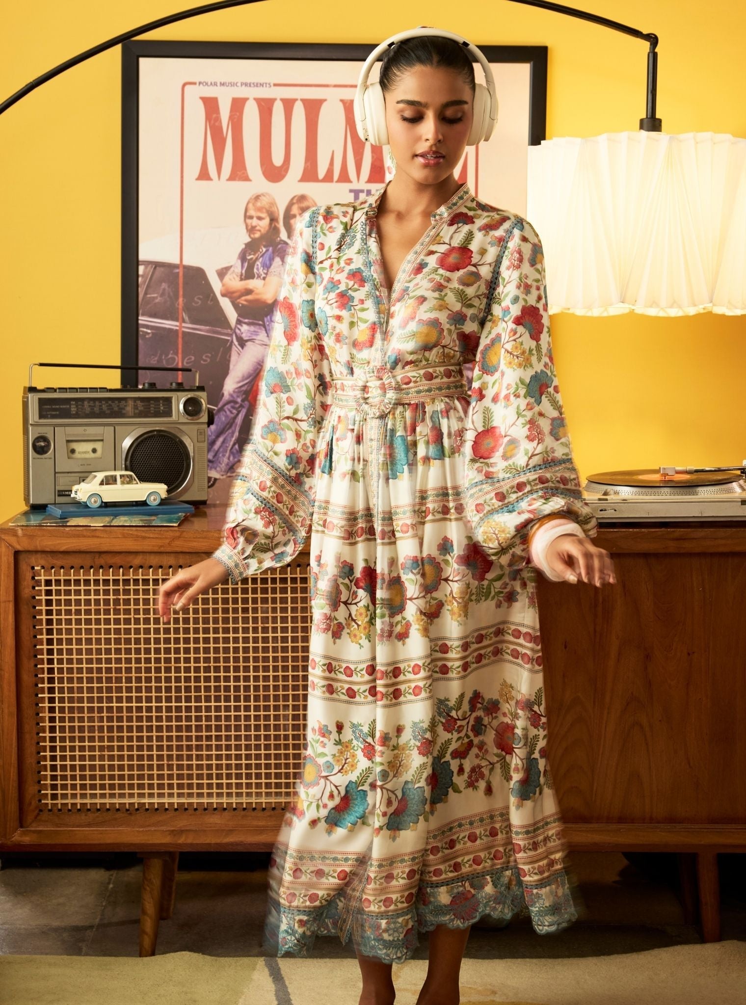 Khas Cupro Satin Off White Printed Dress