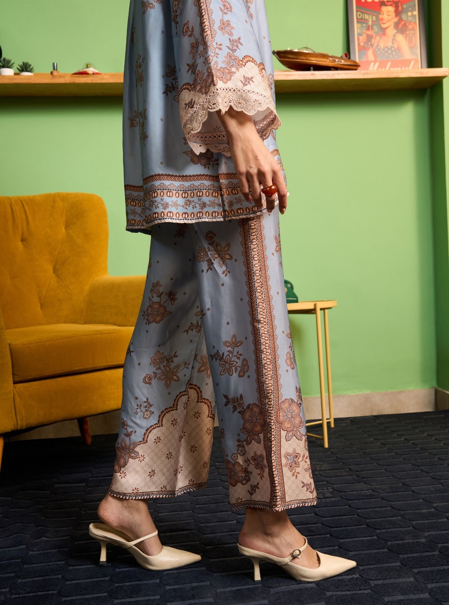 Mehrang Cupro Satin Blue Printed Shirt Set