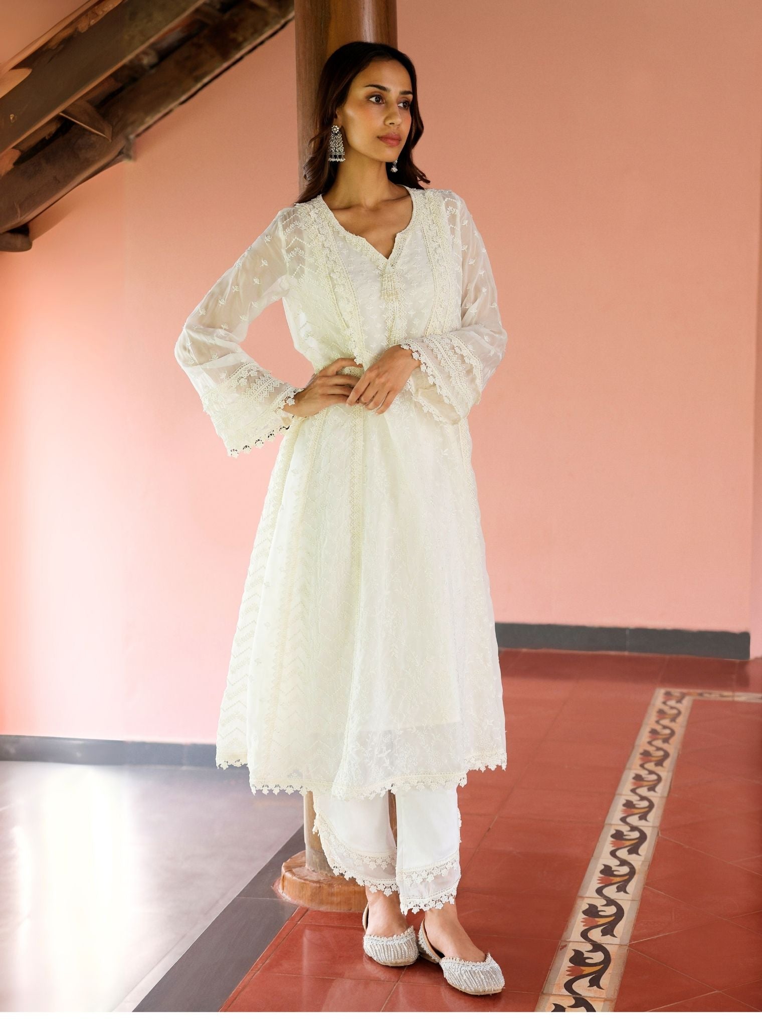 Keerth Organza White Anarkali Kurta Set