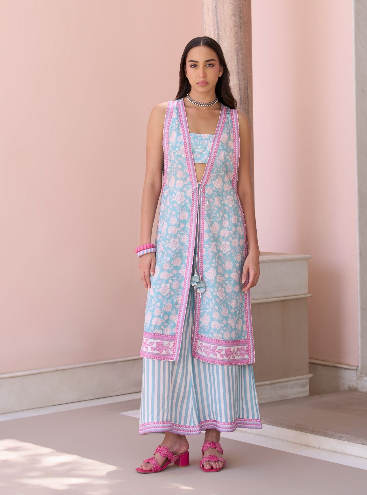Maharose Teal Blue Printed Lawn Jacket Set