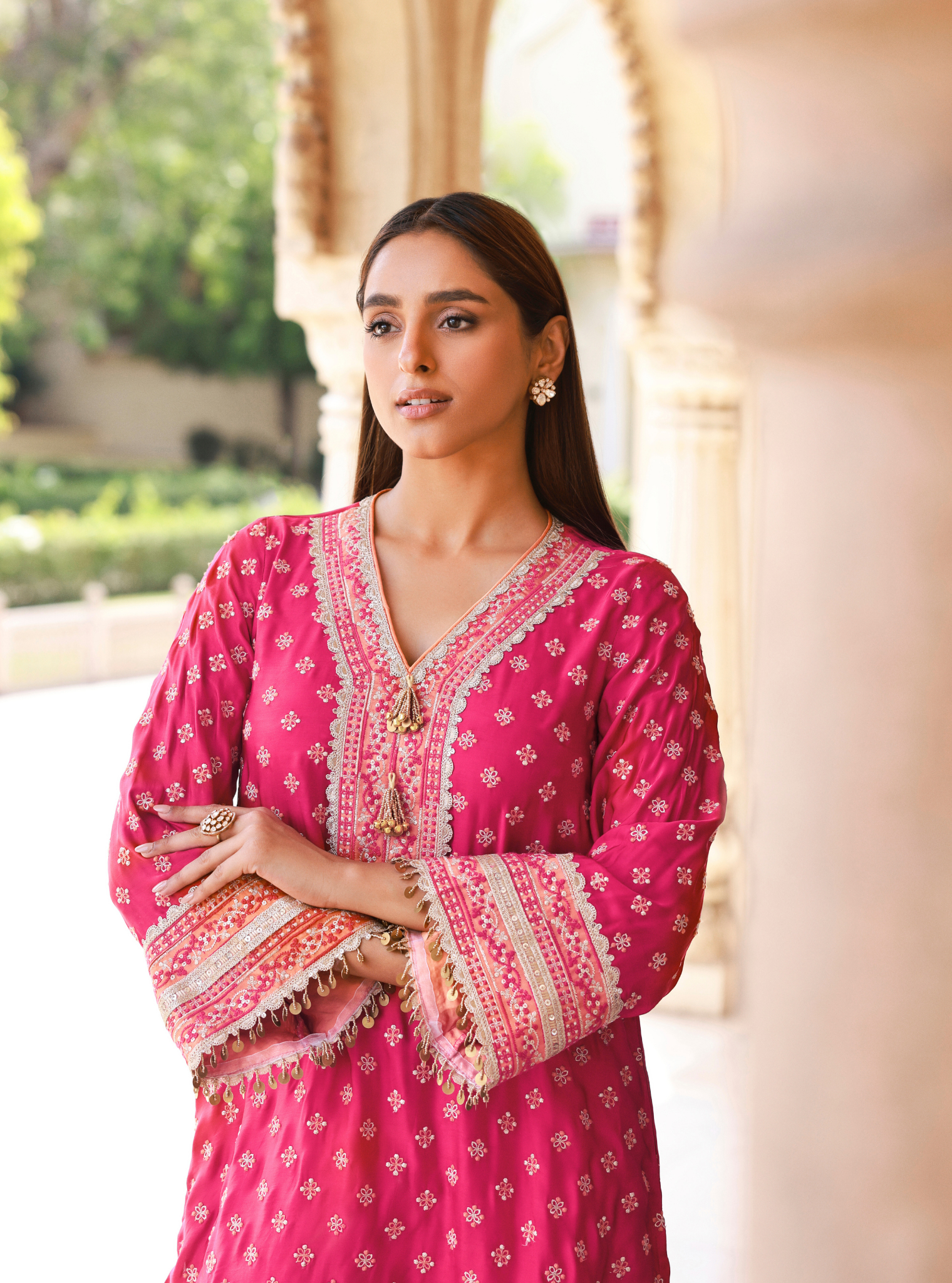 Survani Bemberg Satin Fuschia Kurta With Orange Salwar