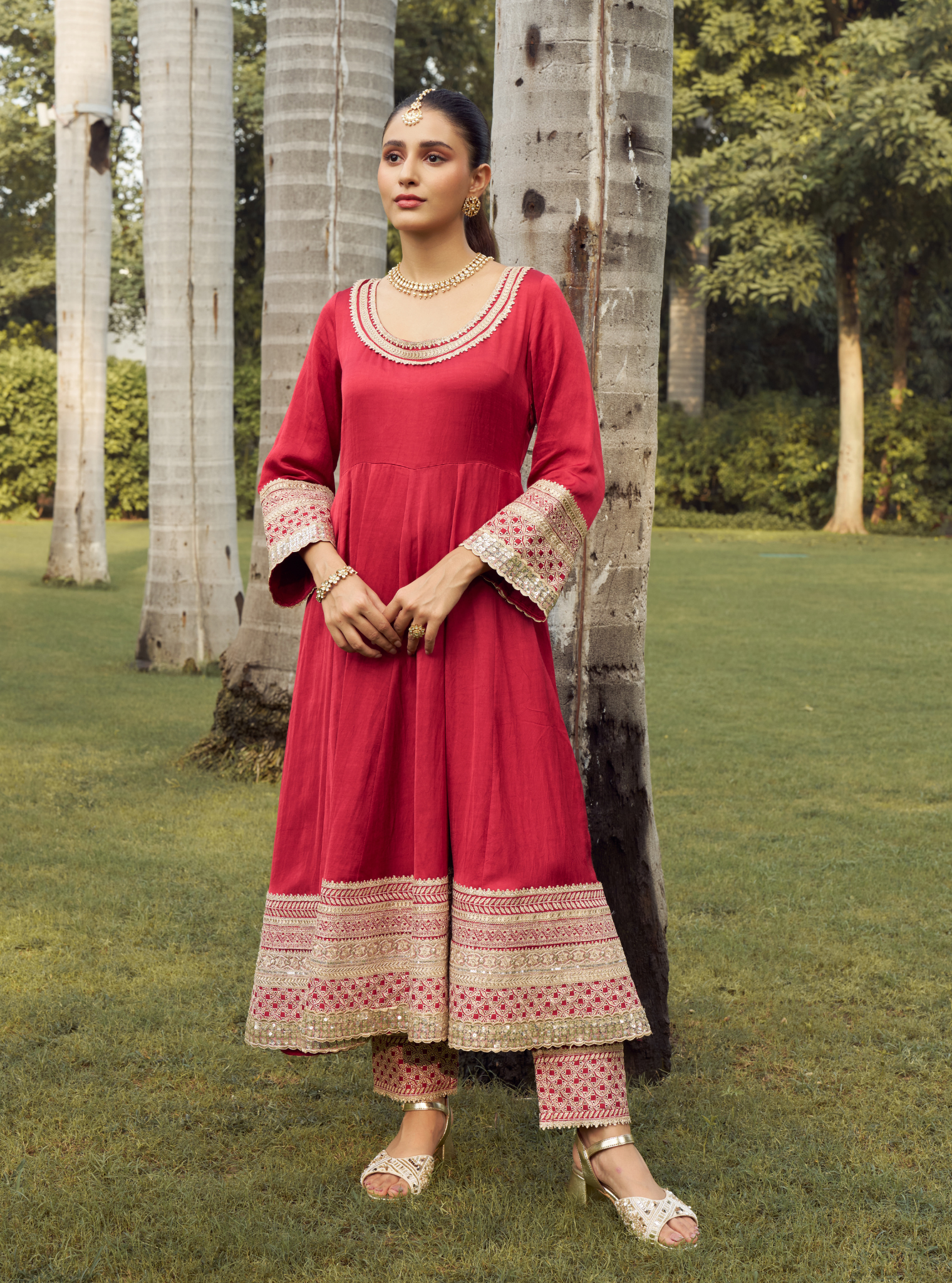 Mausami Red Linen Satin Anarkali Kurta Set