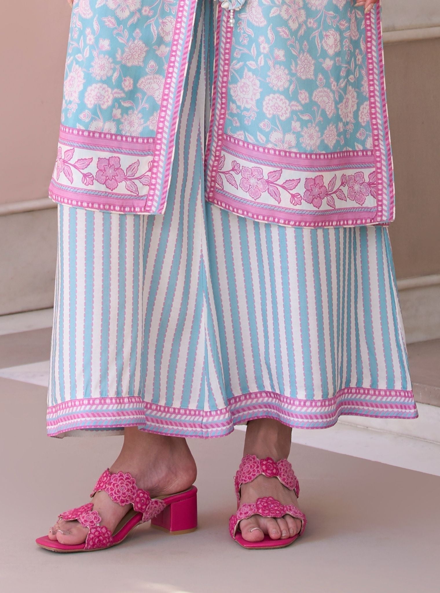 Maharose Teal Blue Printed Lawn Jacket Set