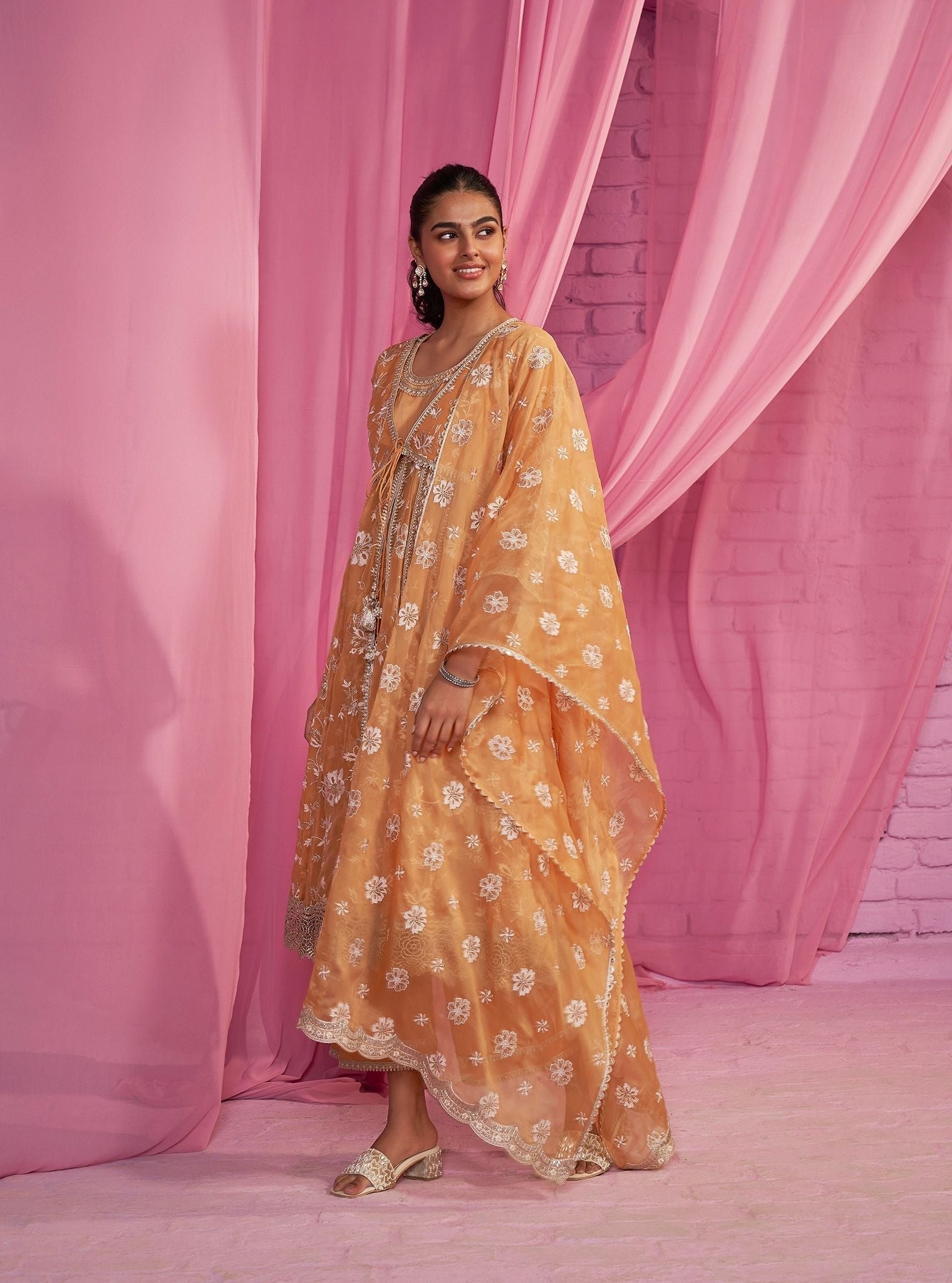 Sharvi Organza Orange Anarkali Kurta Set