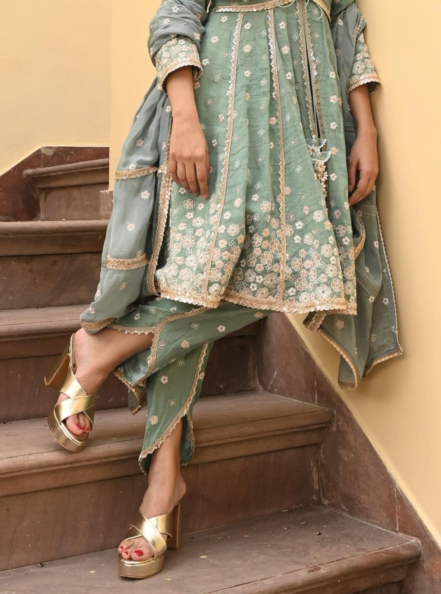 Sajeya Tissue Satin Teal Blue Anarkali Kurta Set