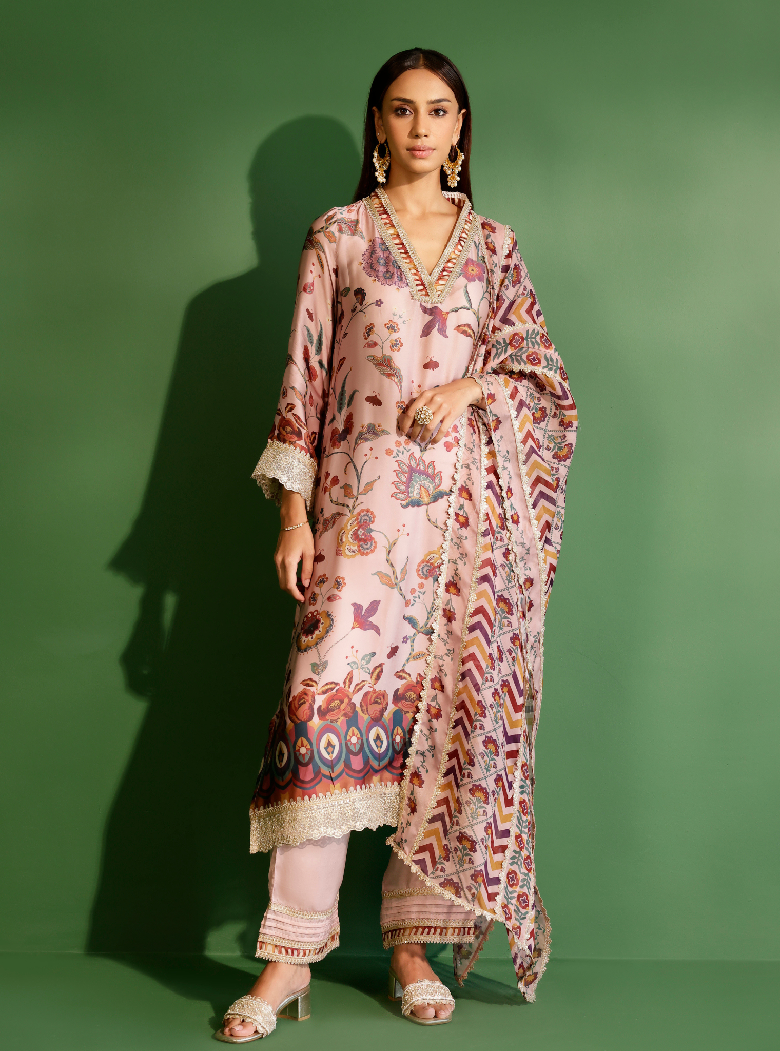 Diantha Cupro Satin Printed Light Pink Kurta Set