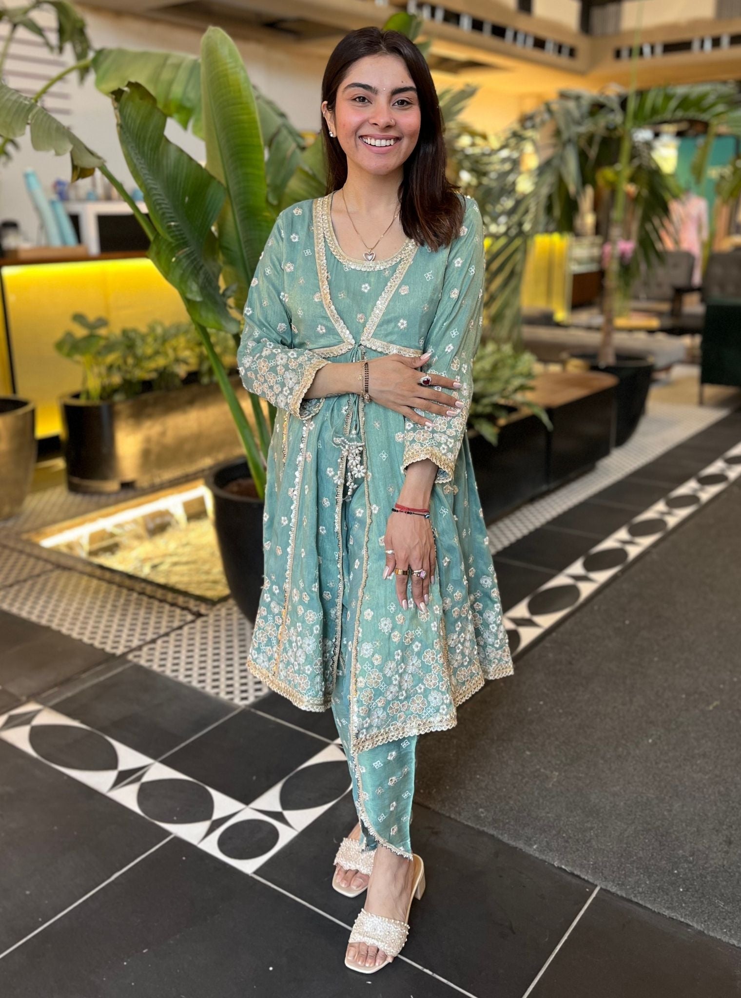 Sajeya Tissue Satin Teal Blue Anarkali Kurta Set