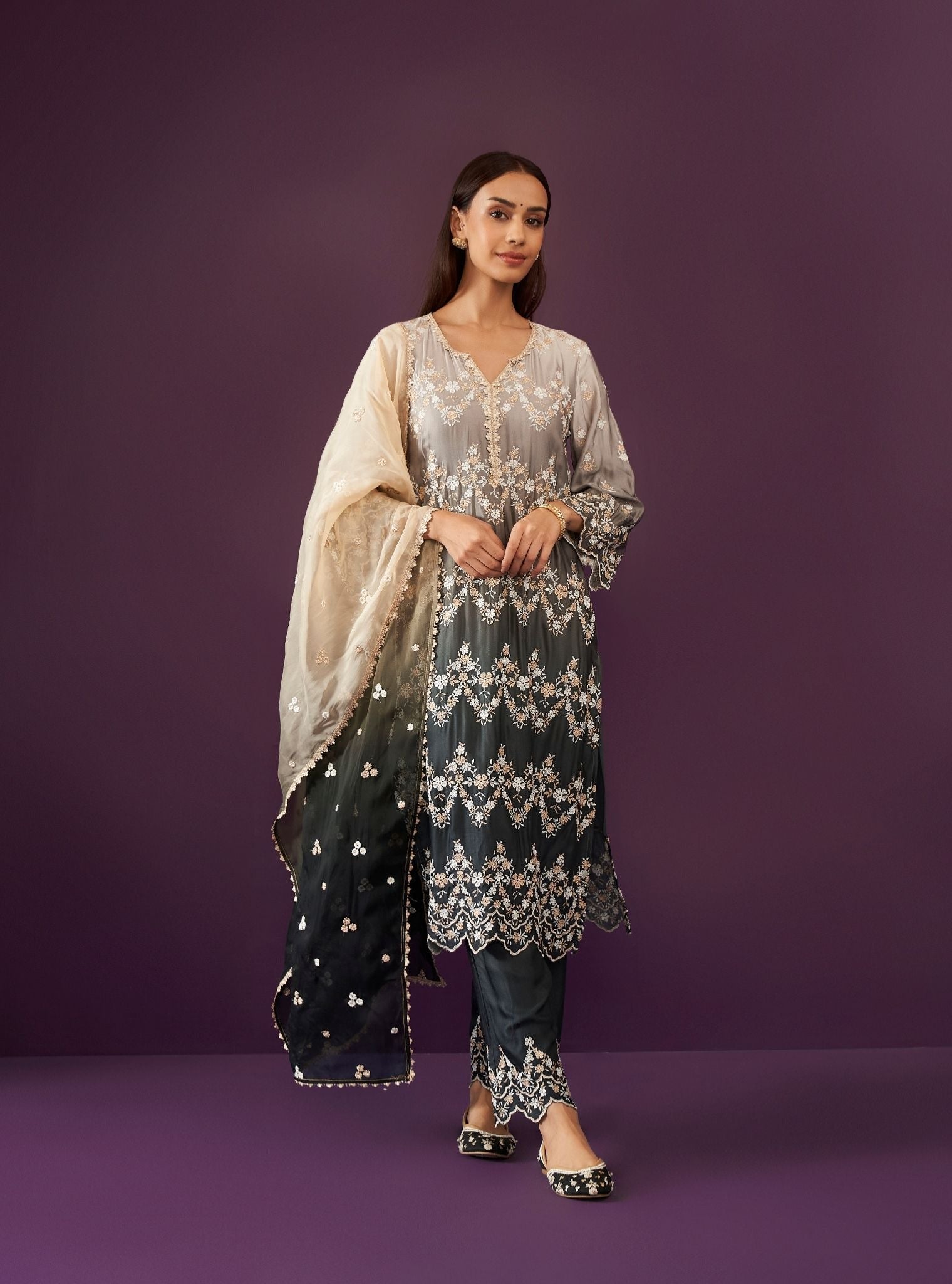 Canna Ombre Cupro Satin Black Kurta Set