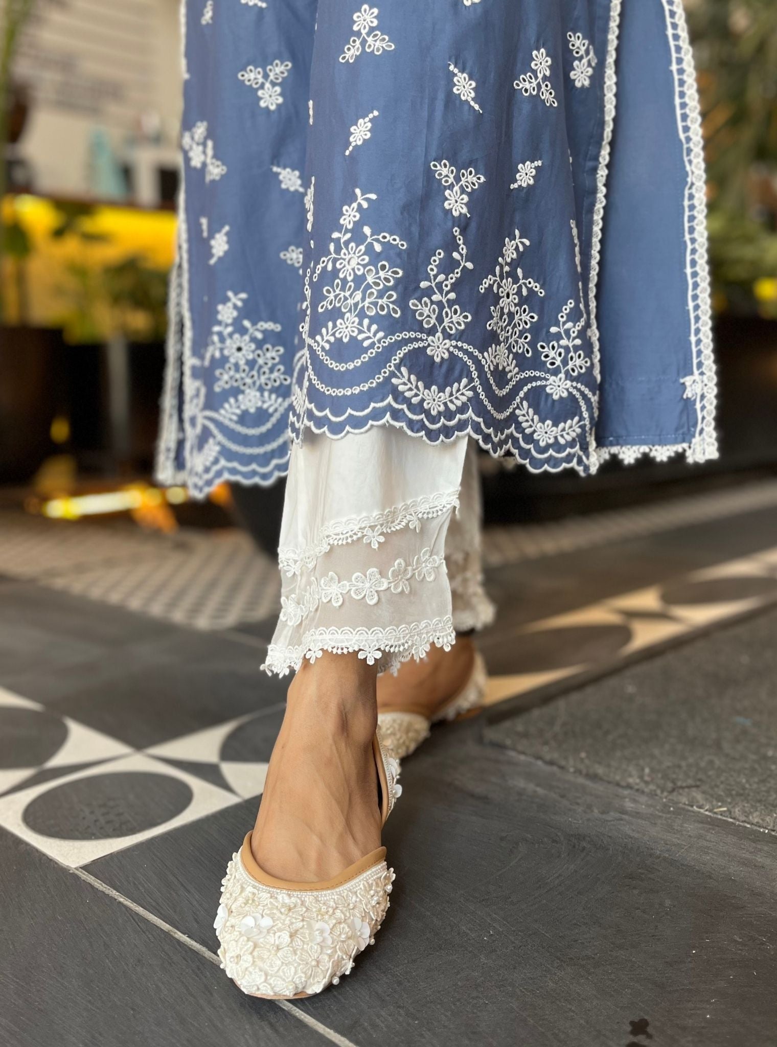 Mulmul Cotton Satari Navy Kurta With Mulmul Cotton Floral Chemical Lace White Pant
