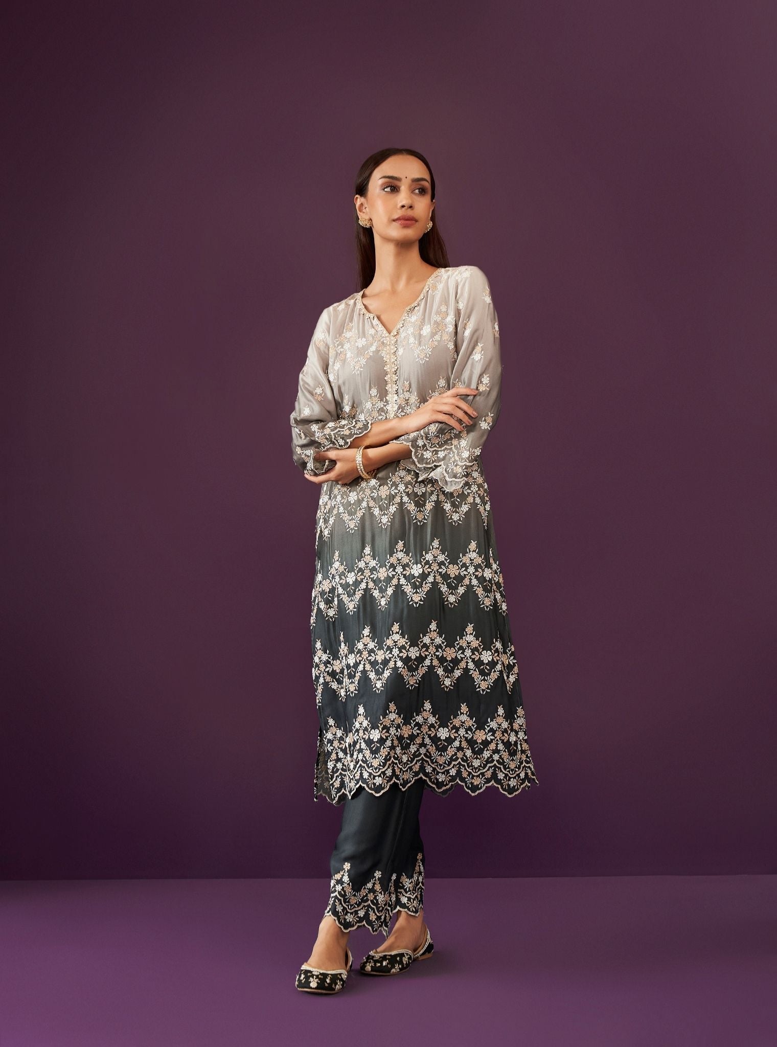 Canna Ombre Cupro Satin Black Kurta Set