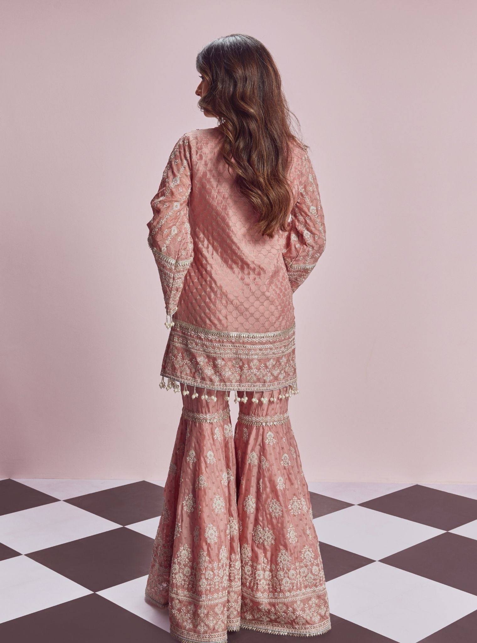 Sakhi Banarsi Pink Kurta with Garara Set