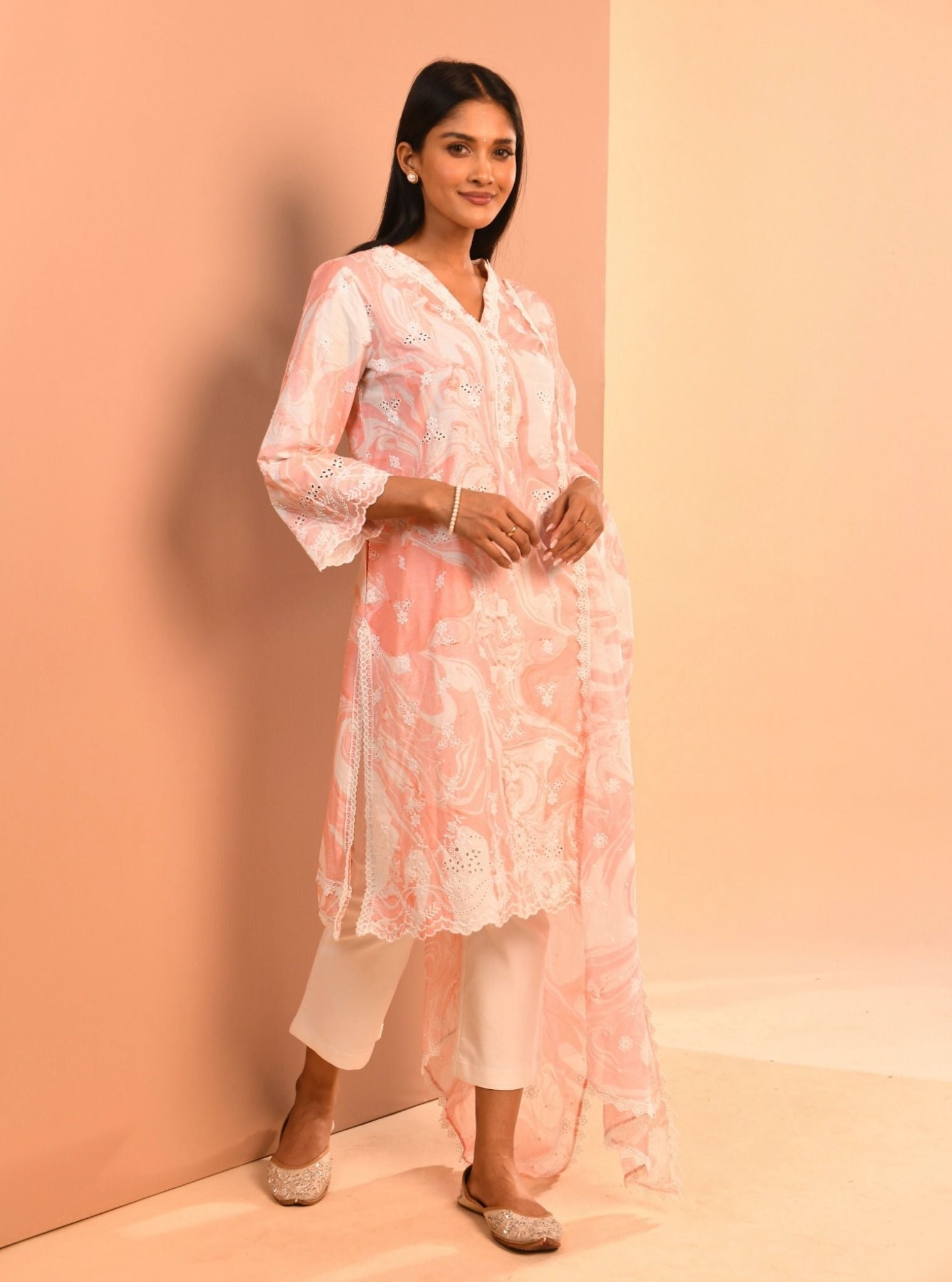 Mulmul Supima Cotton Marble Adela Pink Kurta