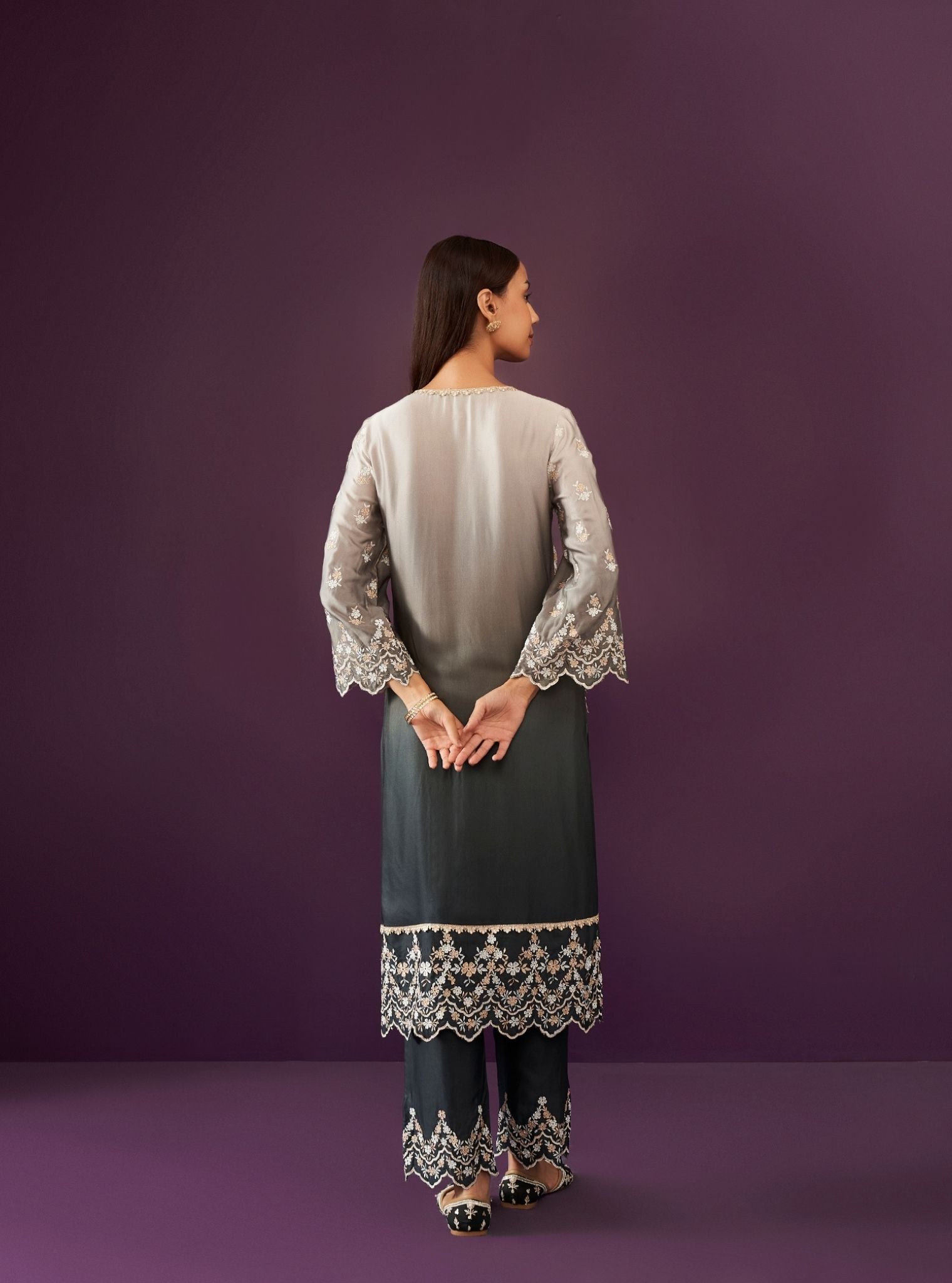 Canna Ombre Cupro Satin Black Kurta Set