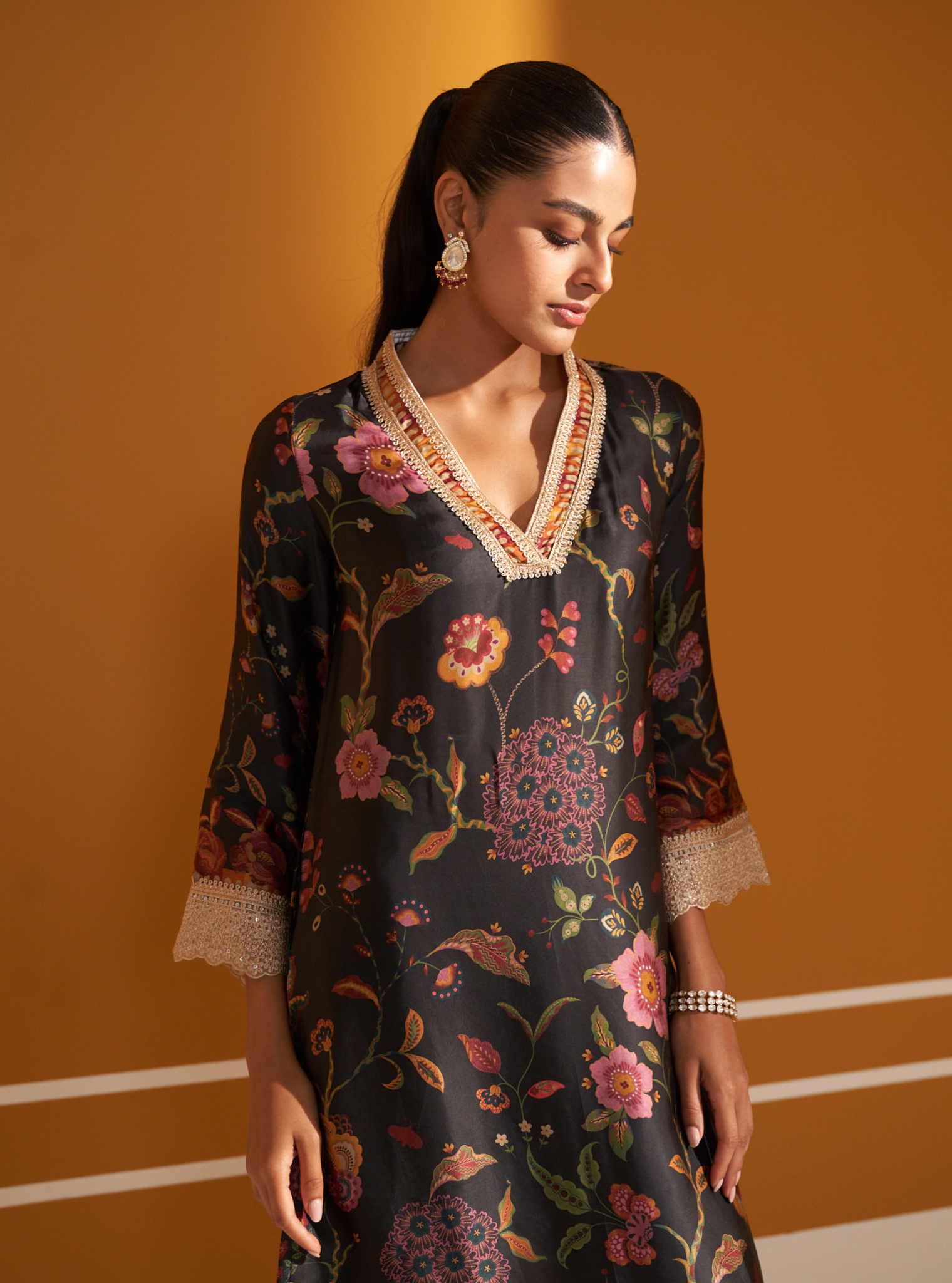 Diantha Cupro Satin Printed Black Kurta Set