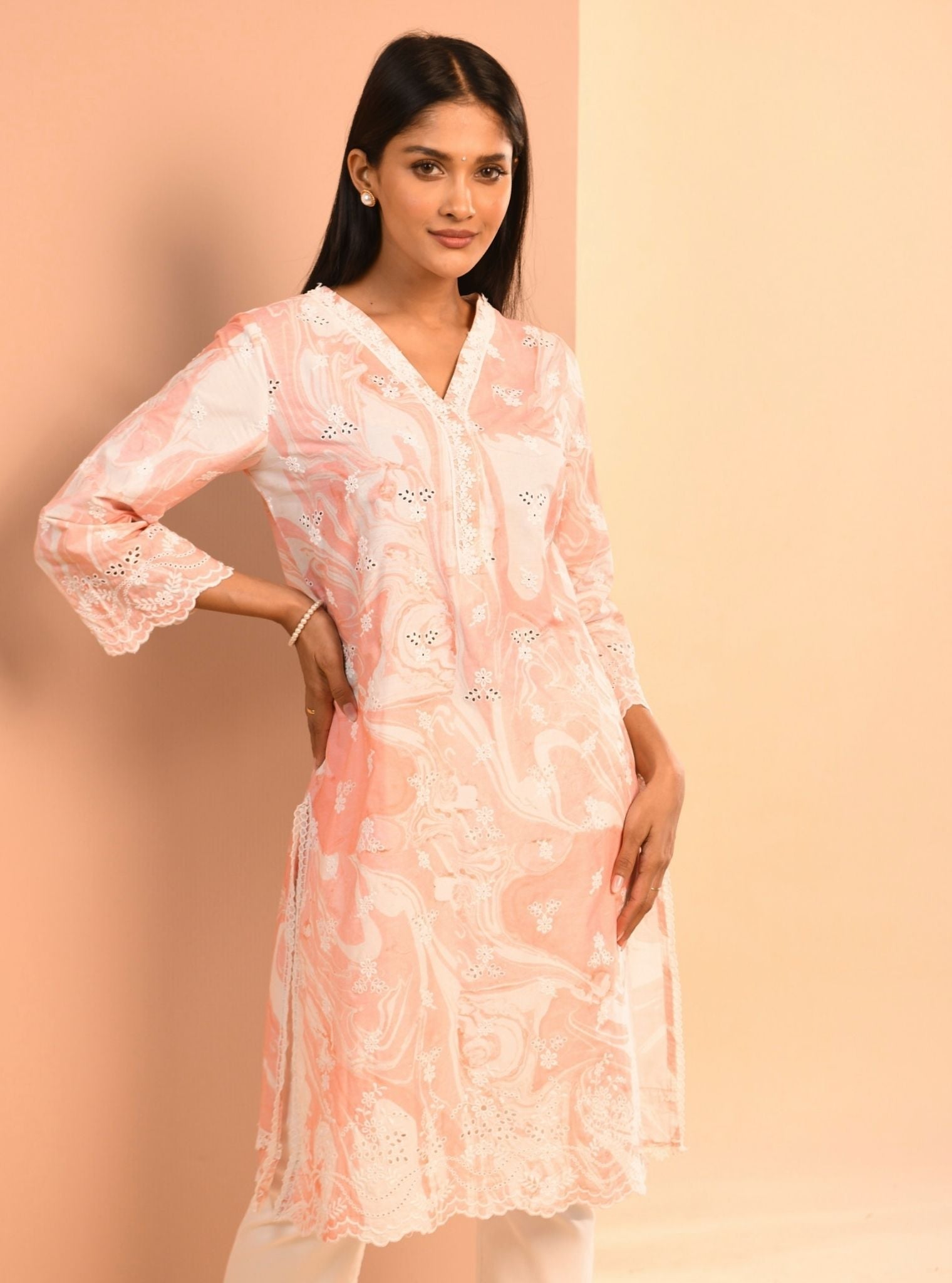 Mulmul Supima Cotton Marble Adela Pink Kurta